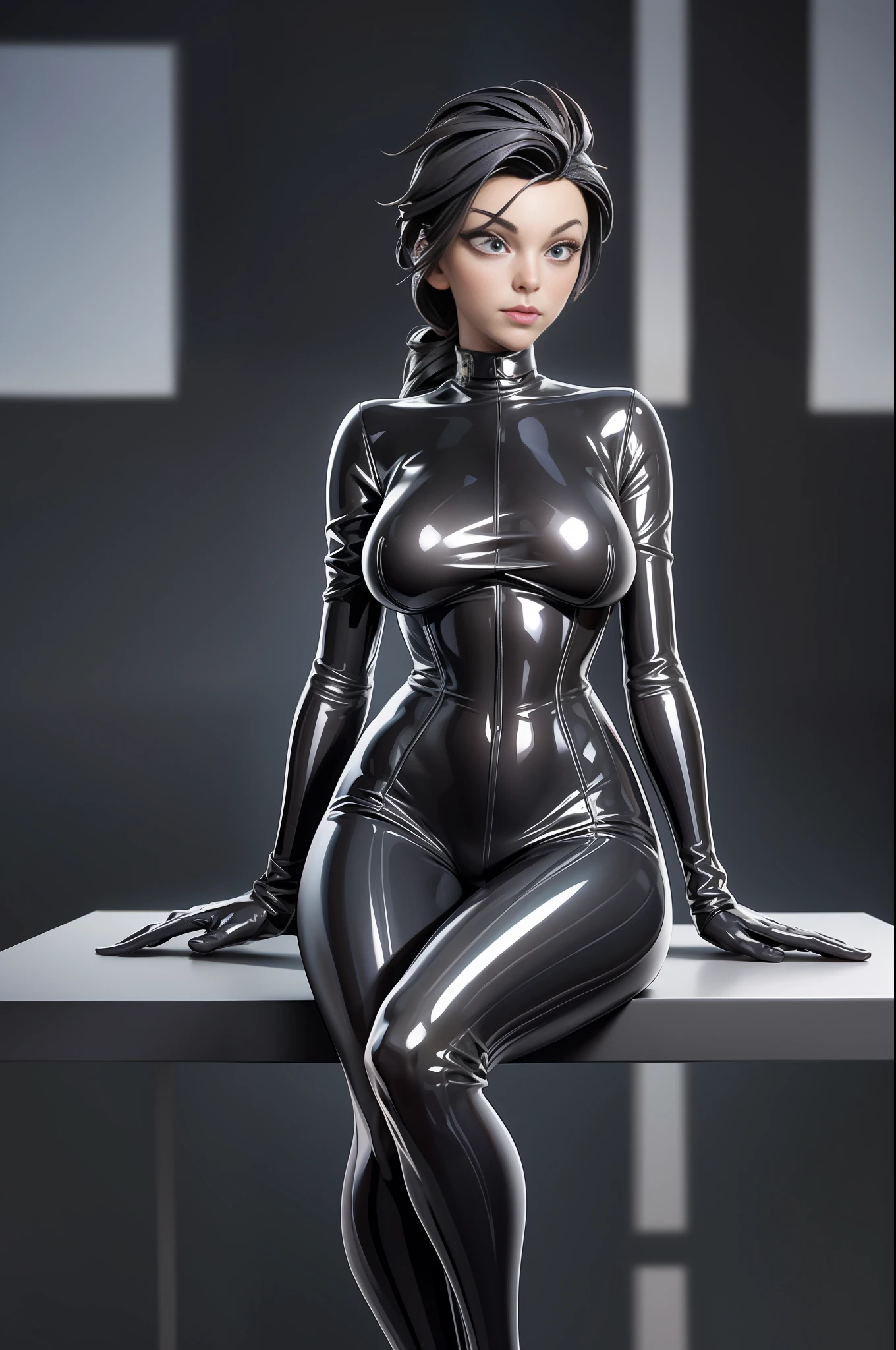 full body picture Unreal Engine 5 8K UHD of beautiful women, wearing tight latex catsuit covered whole body, latex mask, latex collar, latex body harness and lace, arm and leg cuffs, latex corset, latex long glove, sitting on the table, office scene, best quality, masterpiece