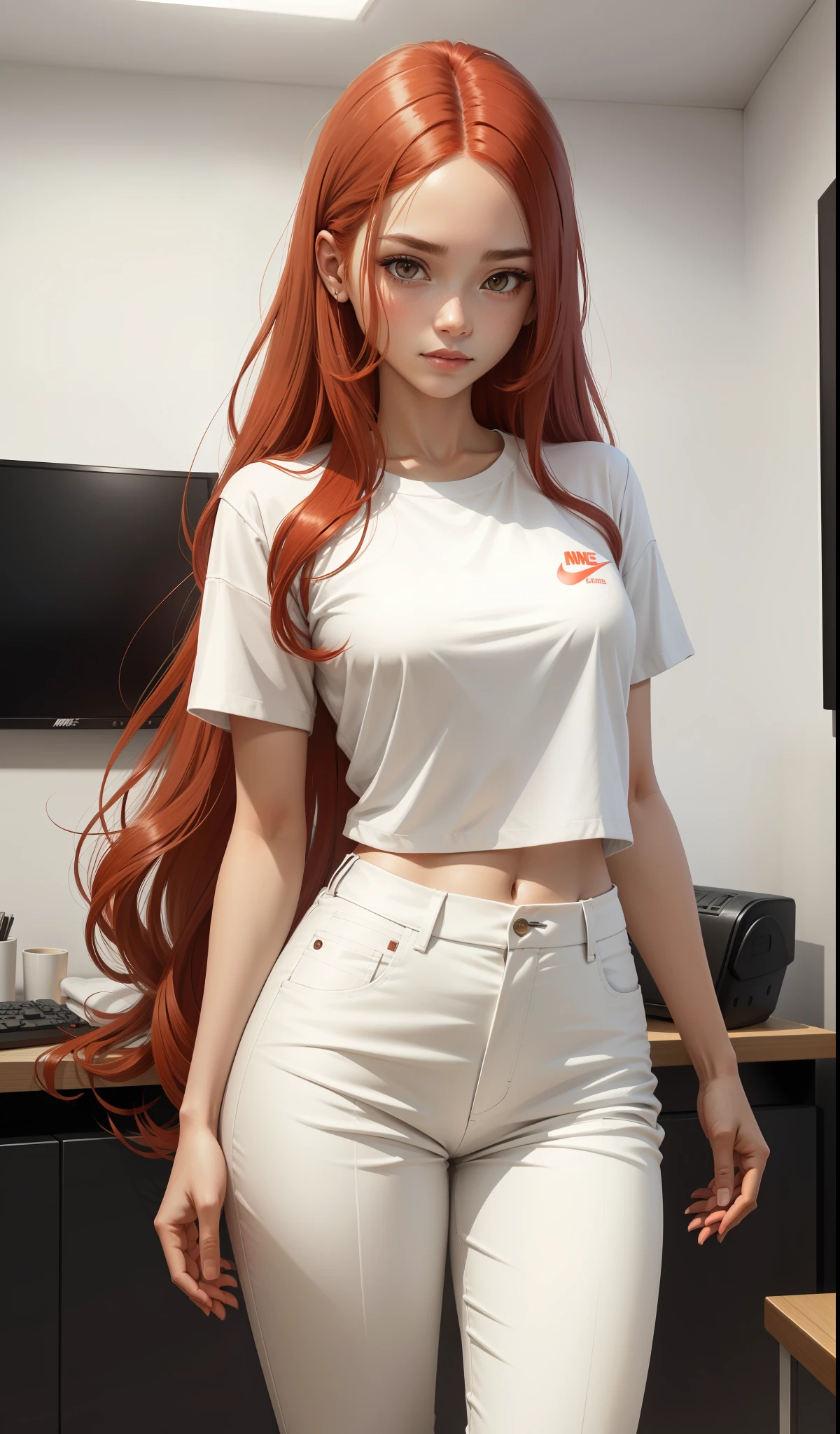 a woman in a white shirt and red pants is playing video game, simple style, wearing elegant casual clothes, muted red, simple clothes, milk and red style, casual clothing style, modern fashion outfit, wearing a fisher , casual modern clothing, inspo, red clothes, red pants, neutral tones, rred and white color scheme, casual business outfit, scary face, nike shoes, 22 years old, adult face, long hair, ((red hair))