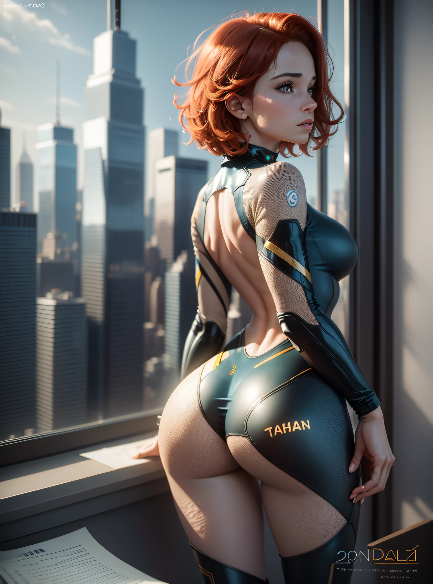 1girl, illustration, cartoon, soothing tones, calm colors, holographic three-dimensional projection of a woman as April O'Neil, A WOMAN IN YELLOW (full body:1.25) JUMPSUIT, accentuated booty, Rear Angle, Full Body, illustration, cartoon, soothing tones, calm colors, office with a window showing NYC Manhattan Empire State Building in background, (leaning over office desk, looking out at Manhattan), (short red hair), toned body, big , loraeyes, (office:1.1), (papers everywhere), (highly detailed, hyperdetailed, intricate), (lens flare:0.7), (bloom:0.7), particle effects, raytracing, cinematic lighting, shallow depth of field, photographed on a Sony a9 II, 24mm wide angle lens, sharp focus, cinematic film still from Gravity 2013 --auto --s2