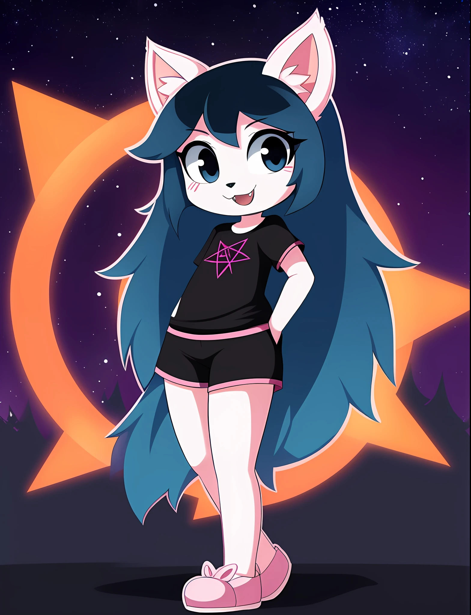 claire, furry catgirl, white fur, blue long hair, parted bangs, fangs, black eyes, slit pupils, pentagram forehead mark, black tee shirt, short sleeves, pink animal slippers, pink lounge shorts, cat ears, cat nose, open mouth, smile, standing, solo, full body, white outline, forest background (nighttime, starry sky), (masterpiece), best quality