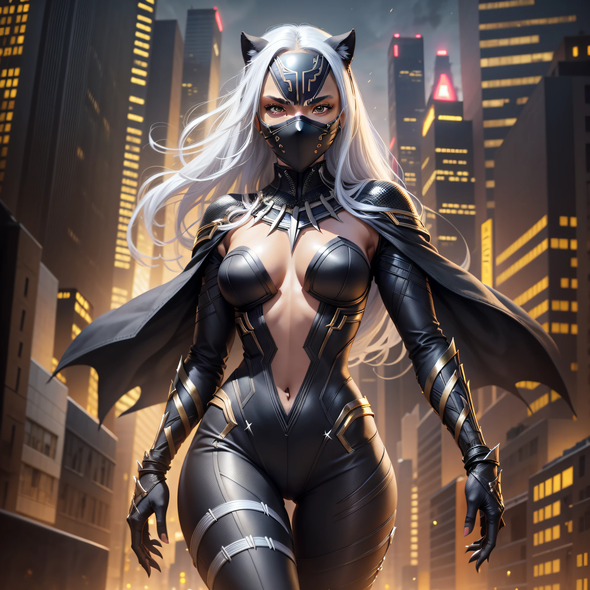 woman, black, defined body, small breasts, white hair, straight hair, yellow eyes, black panther costume, panther mask covering the whole face, in the background a city of vibranium, at night