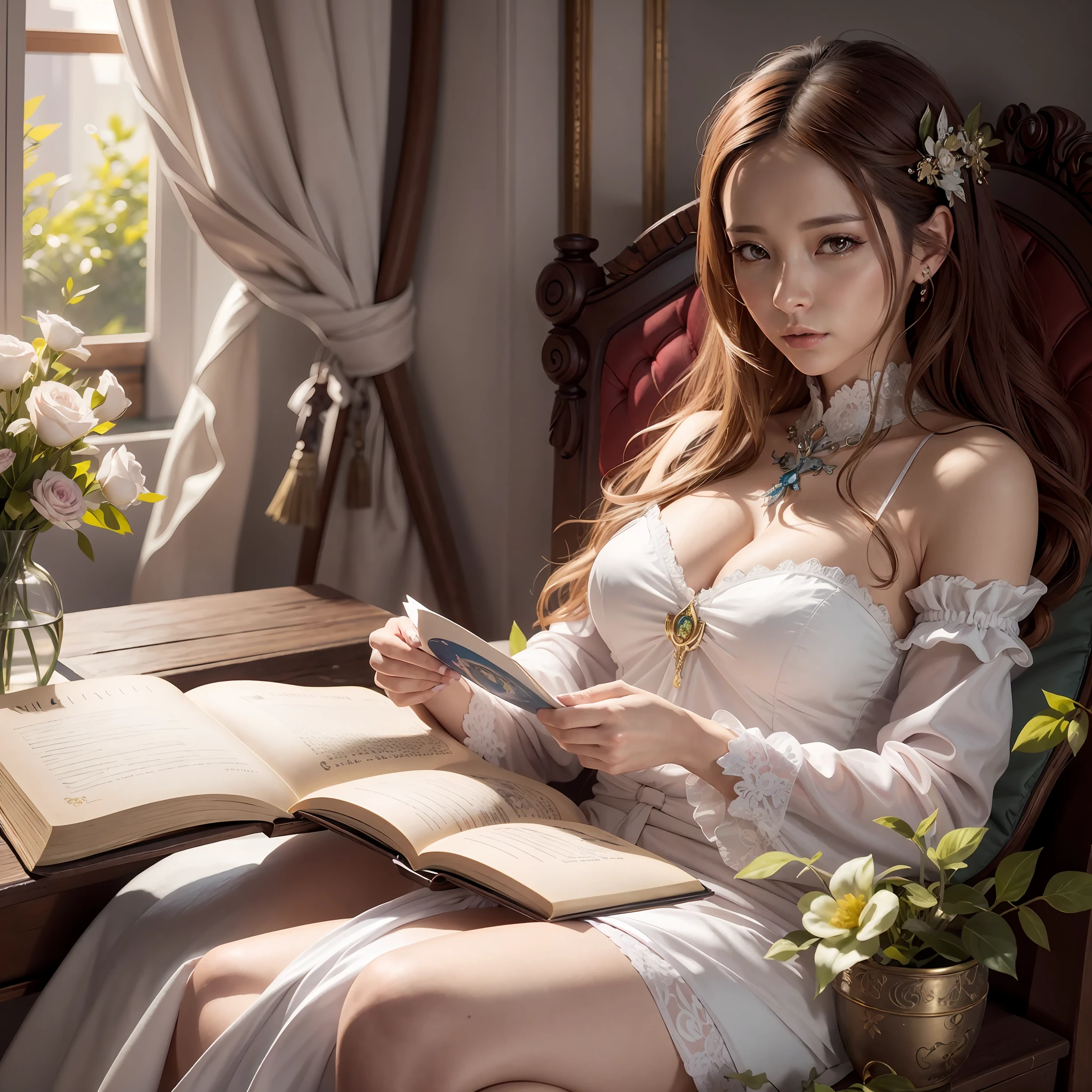 there is a woman sitting in a chair reading a book, wlop and sakimichan, beautiful alluring anime woman, 2. 5 d cgi anime fantasy artwork, realistic fantasy illustration, beautiful adult book fairy, beautiful fantasy maiden, fantasy art style, artwork in the style of guweiz, wlop and ross tran, realistic fantasy artwork