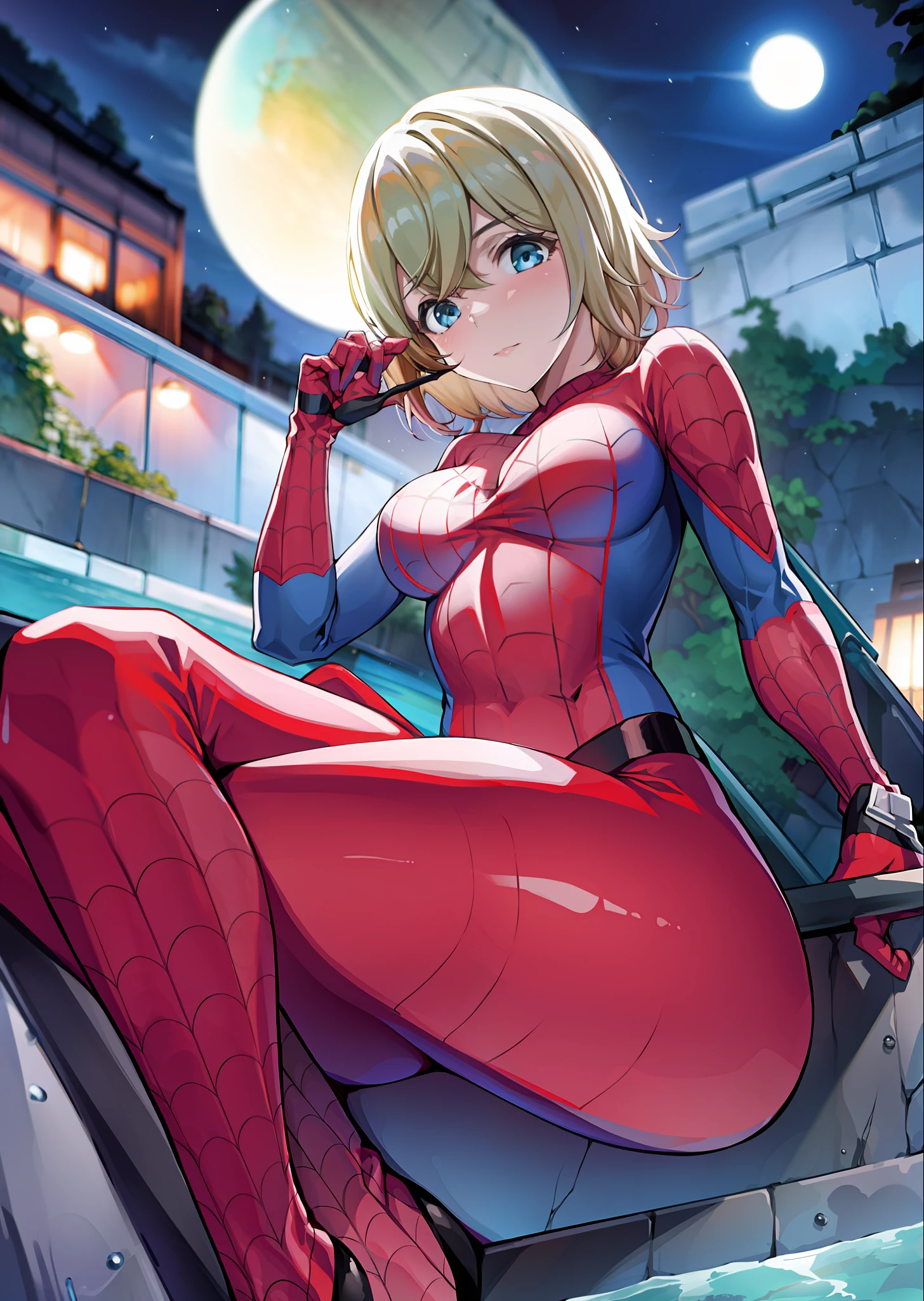 masterpiece, best quality, 8k, highres, 1girl, night, pool, neon, moon, seductive, spider suit,