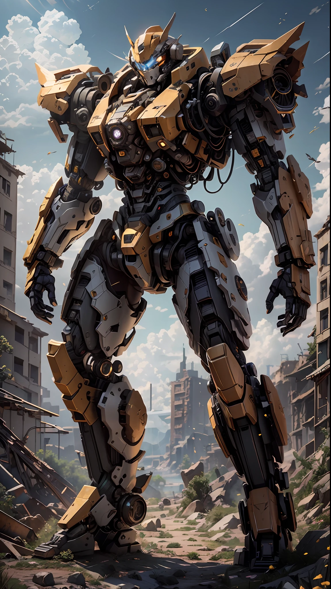 ((Best Quality)), ((Masterpiece)), (Very Detailed:1.3), 3D, Shitu-mecha, Mecha in the Ruins of a City of Forgotten Wars, Ancient Technology, HDR (High Dynamic Range), Ray Tracing, NVIDIA RTX, Super Resolution, Unreal 5, Subsurface Scattering, PBR Textures, Post-processing, Anisotropic Filtering, Depth of Field, Maximum Sharpness and Acutance, Multi-layer Textures, Albedo and Highlight Maps, Surface Coloring to Accurately Simulate Light-Material Interactions, Perfect Ratio, Octane Rendering, Duotone Lighting, Low ISO, White Balance, Rule of Thirds, Wide Aperture, 8K RAW, High Efficiency Sub-Pixel, Subpixel Convolution, Glowing Particles, Light Scattering, Tyndall Effect