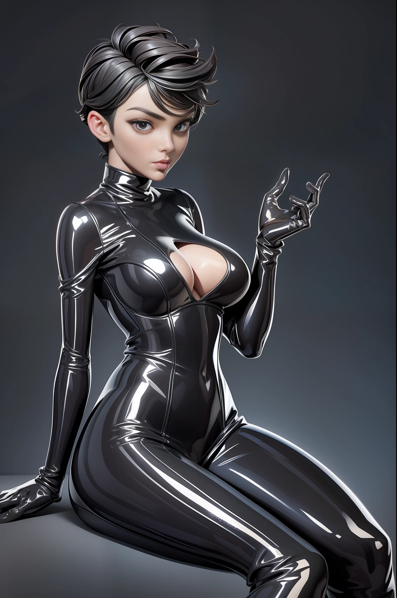 full body picture Unreal Engine 5 8K UHD of beautiful women, wearing tight latex catsuit covered whole body, latex mask, latex collar, latex body harness and lace, arm and leg cuffs, latex corset, latex long glove, sitting on the table, office scene, best quality, masterpiece