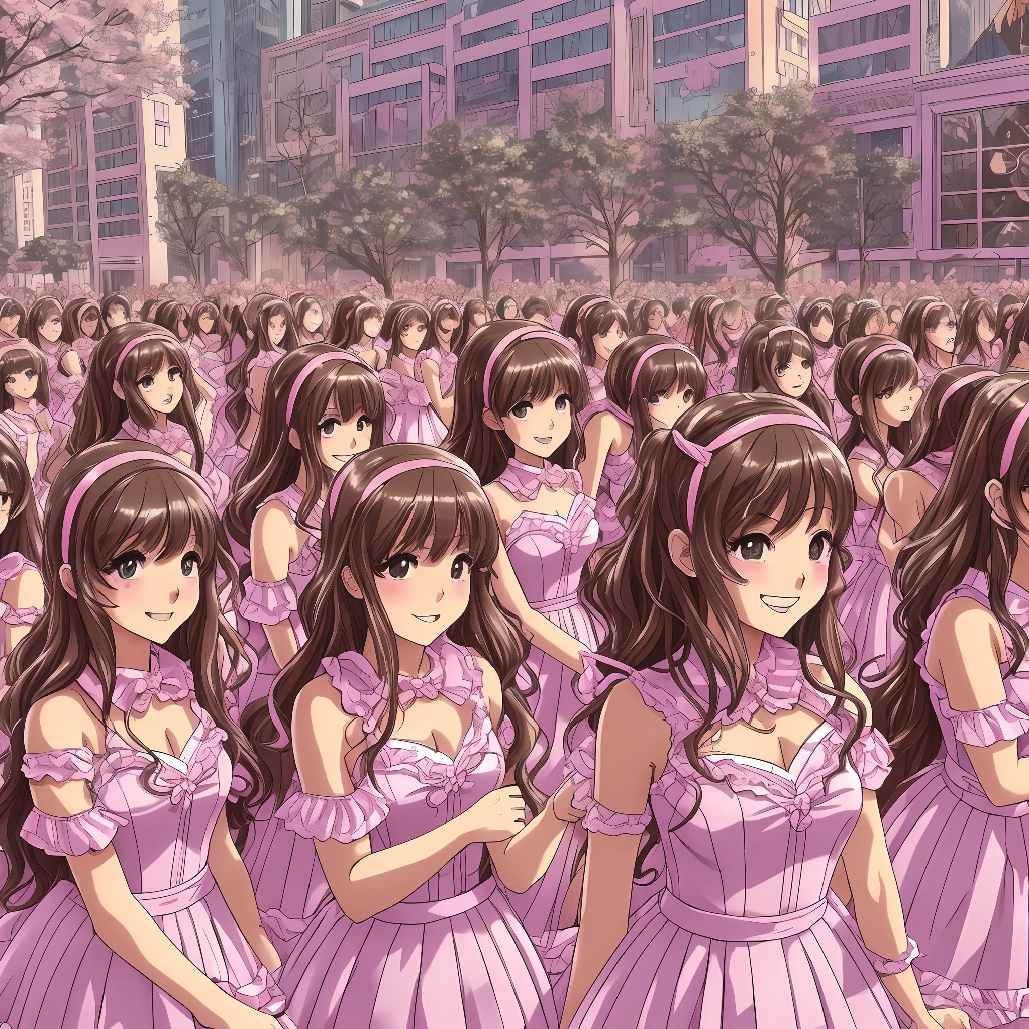 perfect anime illustration, multiple girls, thousands of girls, millions of girls, rich girls, clones, identical sisters, sisters crowded together, sisters in background, brown hair, curly hair, matching hairstyle, hazel eyes, smiling, ((matching outfits, pink prom dresses, high heels)), matching hairstyles, white background, highres, full body, sisters marching