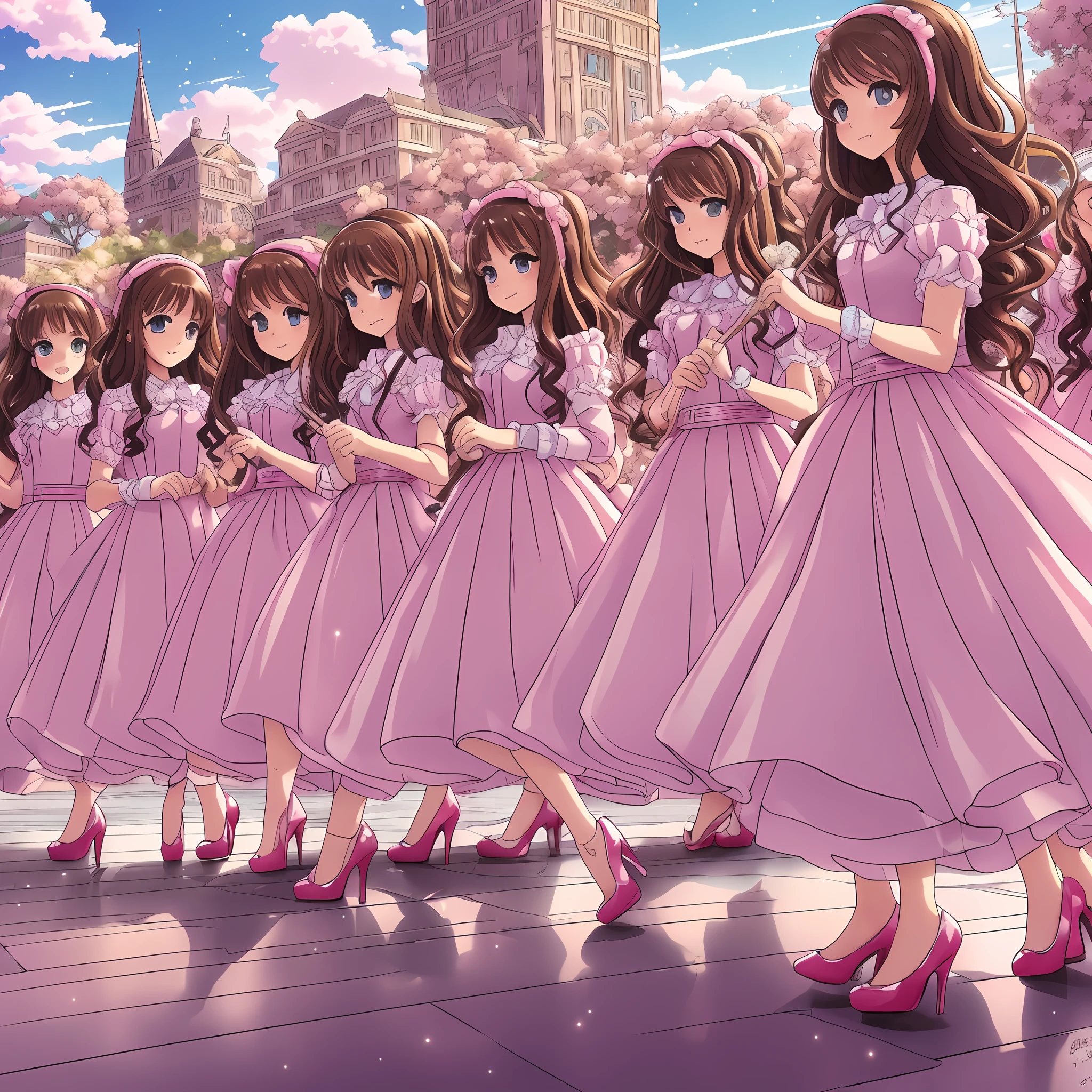 perfect anime illustration, multiple girls, thousands of girls, millions of girls, rich girls, clones, identical sisters, sisters crowded together, sisters in background, brown hair, curly hair, matching hairstyle, hazel eyes, smiling, ((matching outfits, pink prom dresses, high heels)), matching hairstyles, white background, highres, full body, sisters marching
