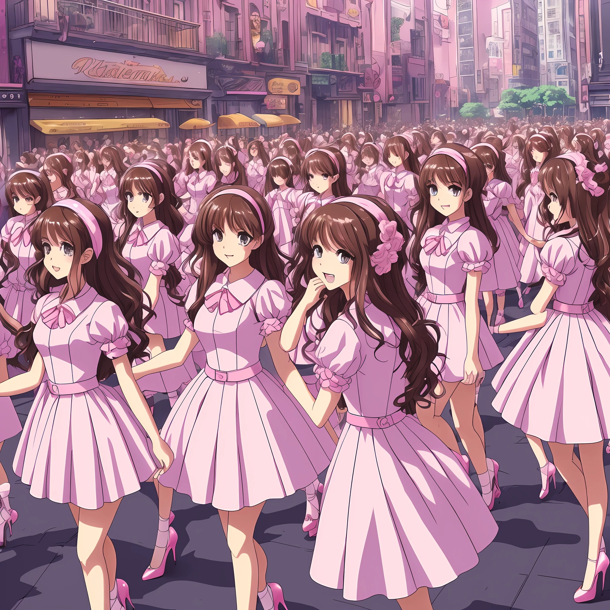 perfect anime illustration, multiple girls, thousands of girls, millions of girls, rich girls, clones, identical sisters, sisters crowded together, sisters in background, brown hair, curly hair, matching hairstyle, hazel eyes, smiling, ((matching outfits, pink prom dresses, high heels)), matching hairstyles, white background, highres, full body, sisters marching
