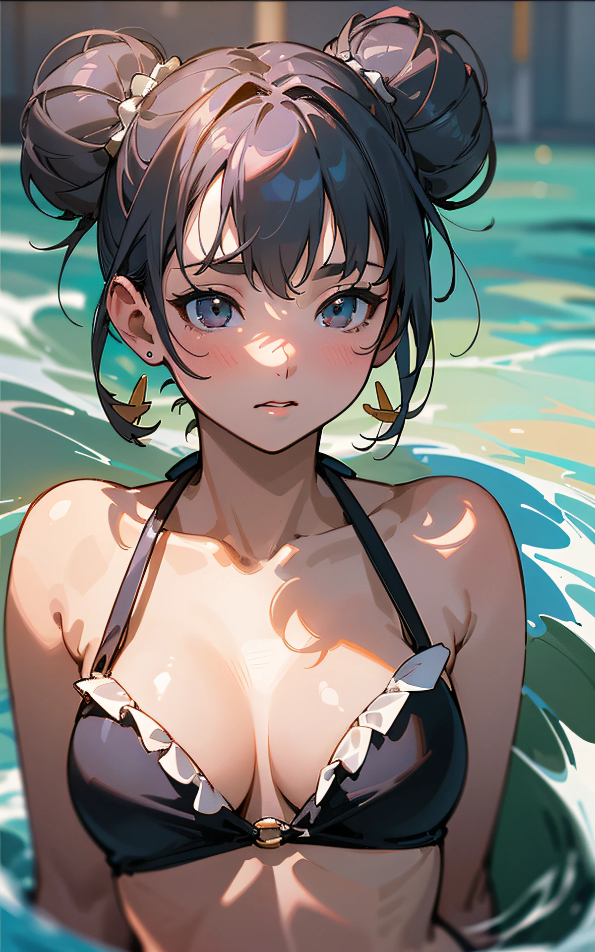 (Original Character、Unity 16K Wallpaper, Masterpiece, Best Quality, Ultra-Detailed, Extremely Detailed CG, Caustics, Cinematic Lighting, Detailed, Beautiful Detailed Eyes, NSFW:1.8, solo、oily skin、cleavage、30yers old), Ultra High Resolution, fine skin, (cute: 1.2, ruffled bikini), (strong light),separate swimsuit、outdoors、vivid、seaside、clavicle、arms behind back:1.2、((thick outline、black outline、brighten the subject))、swim ring:1.2、double bun、swim with a rubber ring