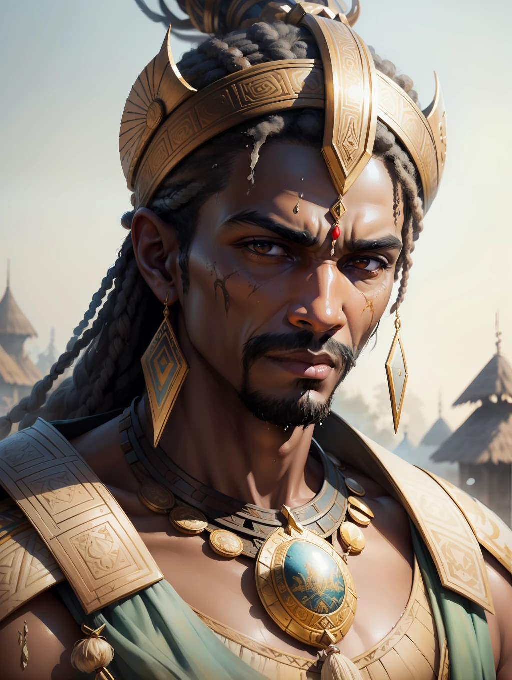(Masterpiece) A very strong and fitted Nubian warrior ancient man, watercolor hyperdetailed art in the style of Karoly Cszúzy, soft colors, intricate, elegant, highly detailed, digital painting, art station, concept art, soft, sharp focus, an african village as the background, illustration, art by Karoly Cszúzy, extremely detailed, detailed symmetric realistic face, extremely detailed natural texture, trend in artstation, watercolor painting, low angle shot, watercolor, wet on wet and splattering techniques, centered, perfect composition, dynamic action poses.