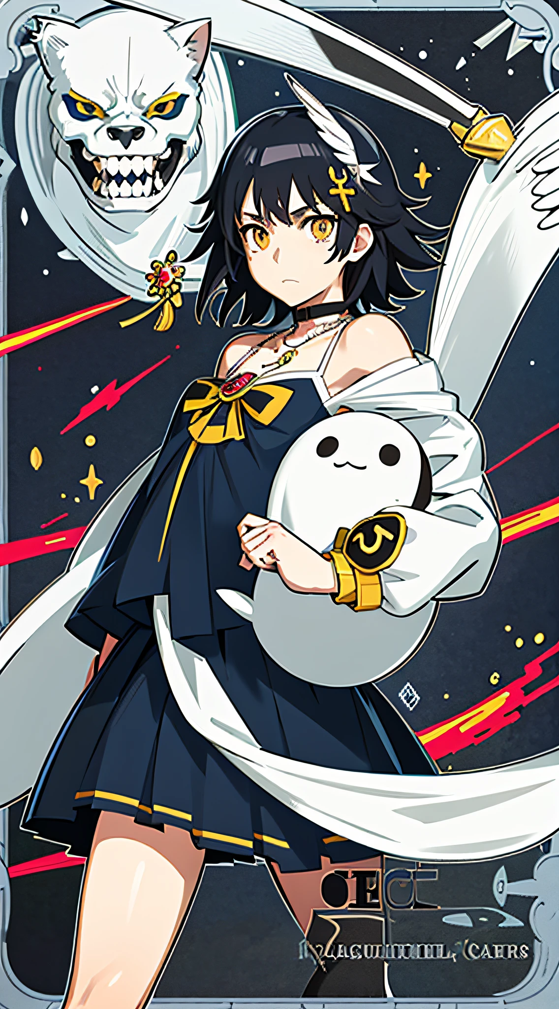 Junior high school student. Anime girl. solo. {Magical Girl.} Black hair. Yellow eyes. A wild child. Paleo. A wolf ornament on her right shoulder. Necklace. Fur. Boomerang. White mask on the side of his head. Short hair. Big tits. Sharp eyes. Tattoos, Moon,