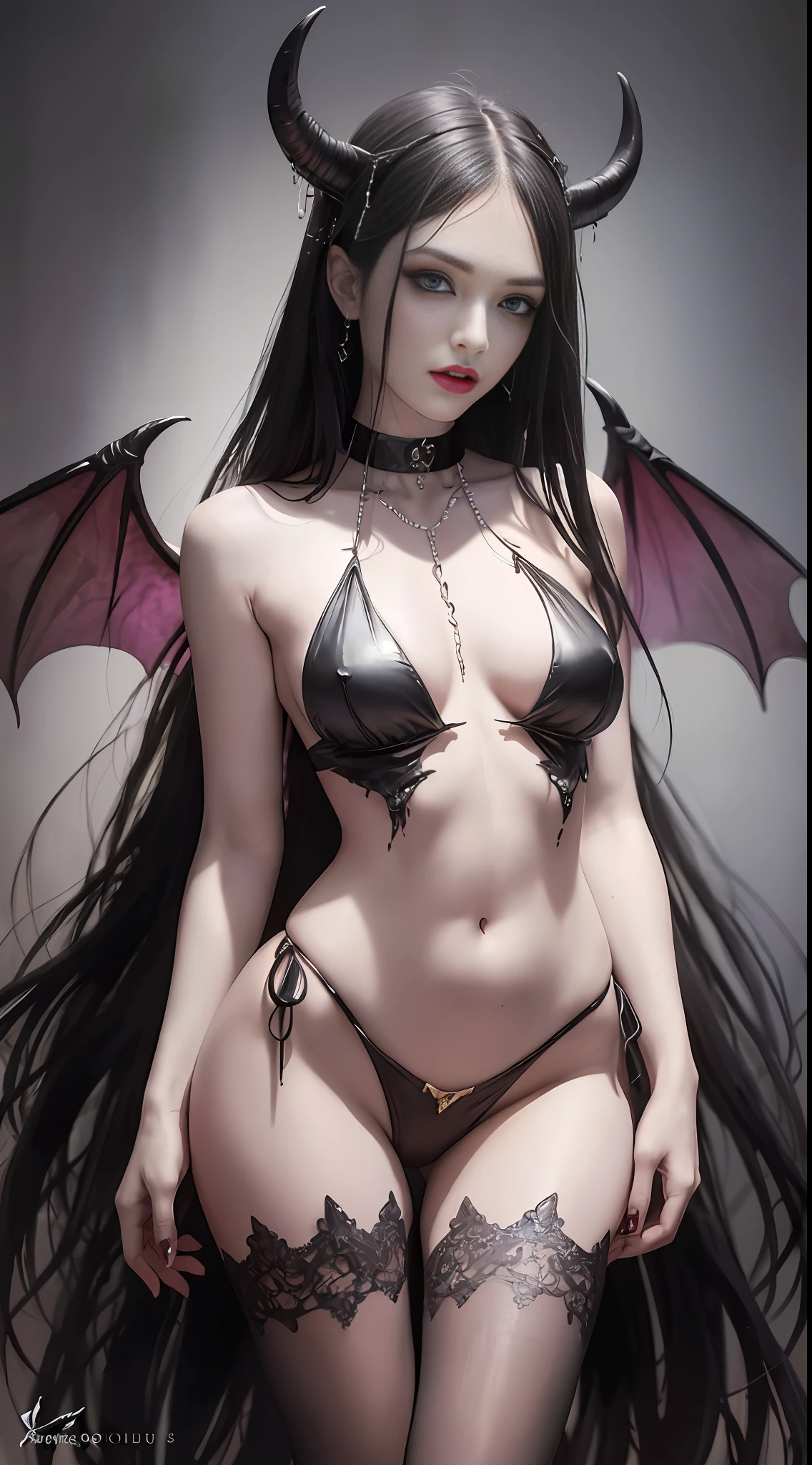 master painting, 8K image quality, master painting, 8K image quality, small breasts, succubus, devil wings, delicate eye depiction, delicate depiction of facial features, delicate body depiction, delicate makeup depiction, metal chain, long black hair, slender body, open chest, long legs, ((exposed)) ((injured)) covered in blood, looming, gorgeous jewelry, areola, dreamy