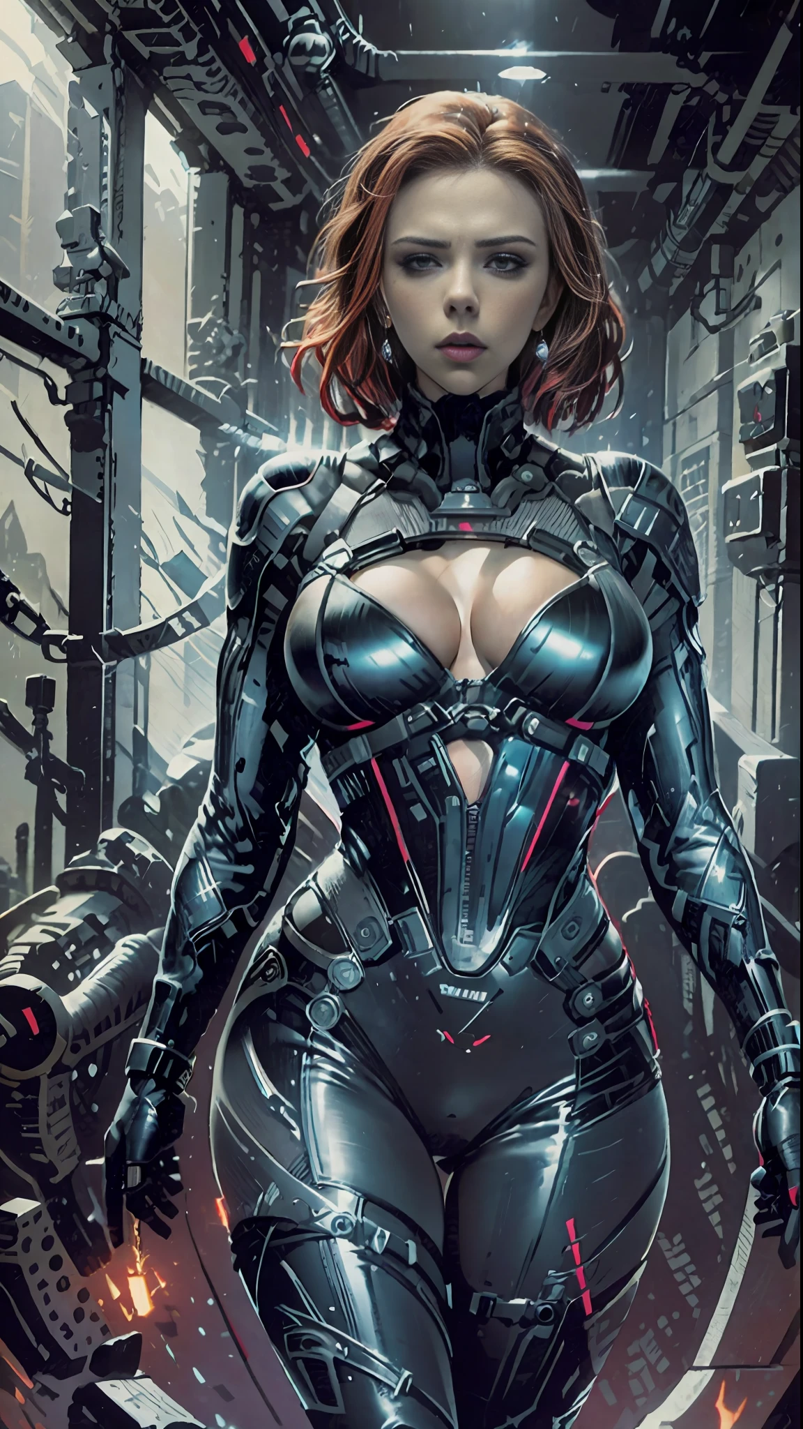 scarlett johansson, Full body Portrait, black widow, wearing skin tight black carbon fibre body suit, revealing sexy dress, big boobs, slim waist, big ass, hot attractive female, realistic picture, Dslr, detailed skin, detailed face,