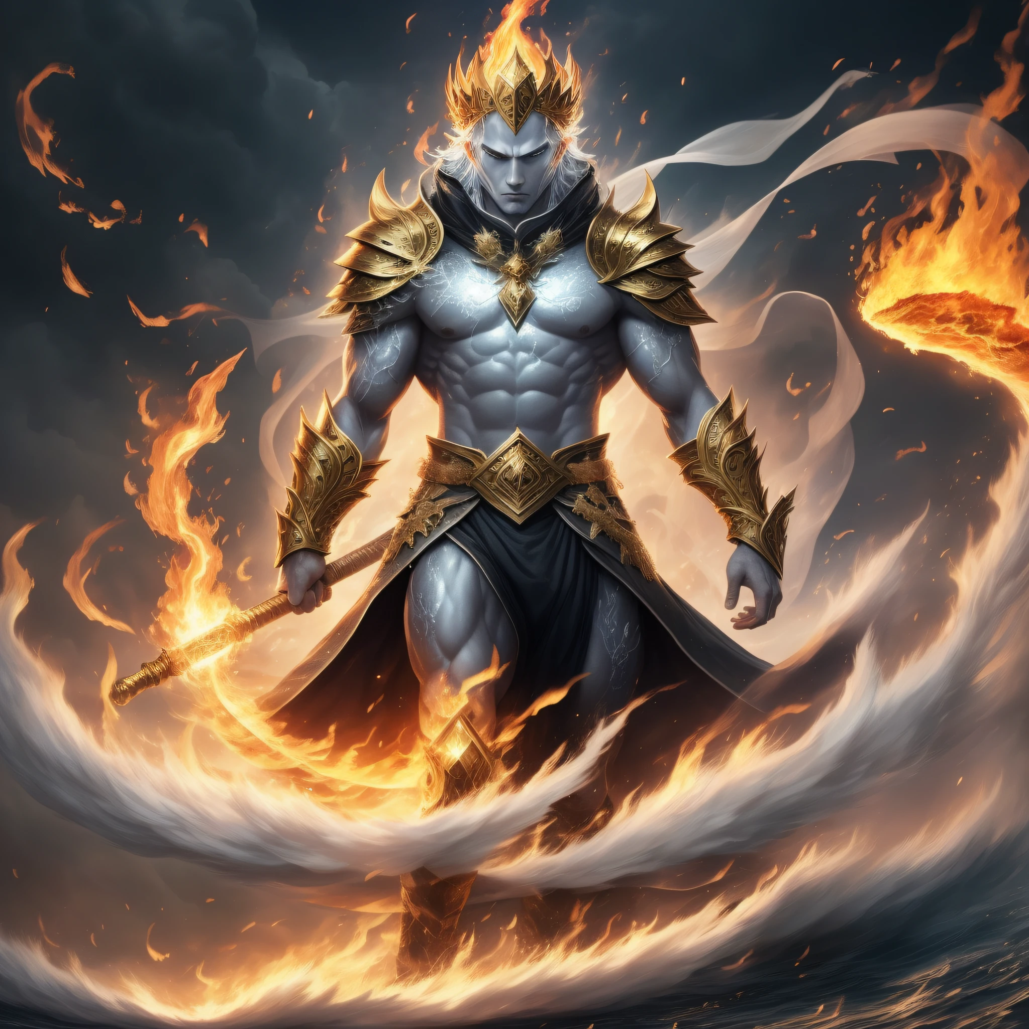Imagine a character with formed body (Human) who is a King of the elements, on the back of the image we will put the elements (water, fire, air, earth) , he has a large crown, he is thin. He is looking forward, with evil look, has gray fur, and is fluting over the sky, which is clear, and with sun, and has cloud, around his body, he wears a garment, battle, an armor, black with gold in the background we have all the elements (water, fire, earth, air)
