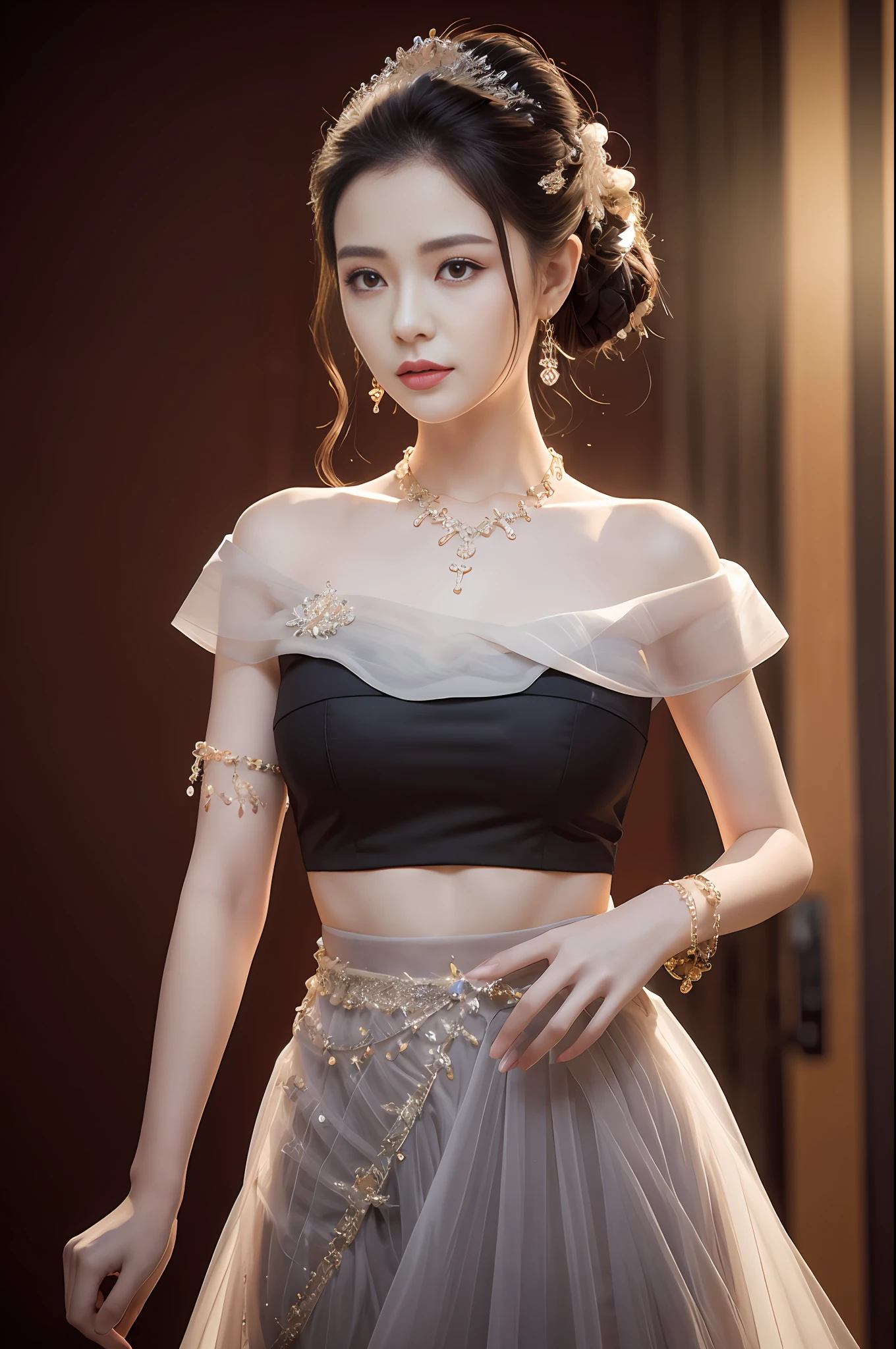 Best Quality, Masterpiece, High Resolution, 1Girl, Chinese Tulle Skirt, Hair Accessories, Chinese 25 Years Old Girl, Necklace, Jewelry, Beautiful Face, Busty Figure, Realistic, Dark Studio, Edge Lighting, Two-tone Lighting, (High Detail Skin: 1.2), 8K UHD, DSLR, Soft Light, High Quality, Volumetric Light, Voyeur, Photo, High Resolution, 4K, 8K, Background Bokeh,. Jinstyle, architecture