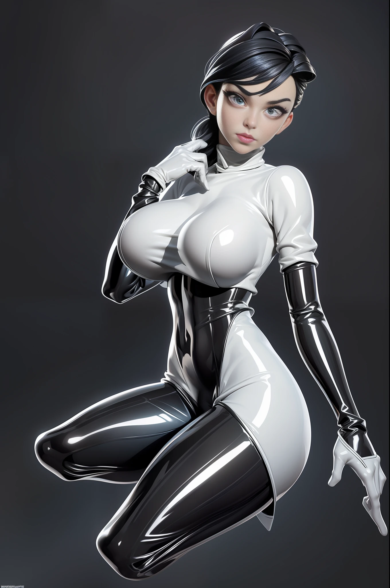 full body picture Unreal Engine 5 8K UHD of beautiful women, black hair, wearing white tight latex catsuit covered whole body, latex mask, latex collar, latex body harness and lace, arm and leg cuffs, latex corset, latex long glove, best quality, masterpiece