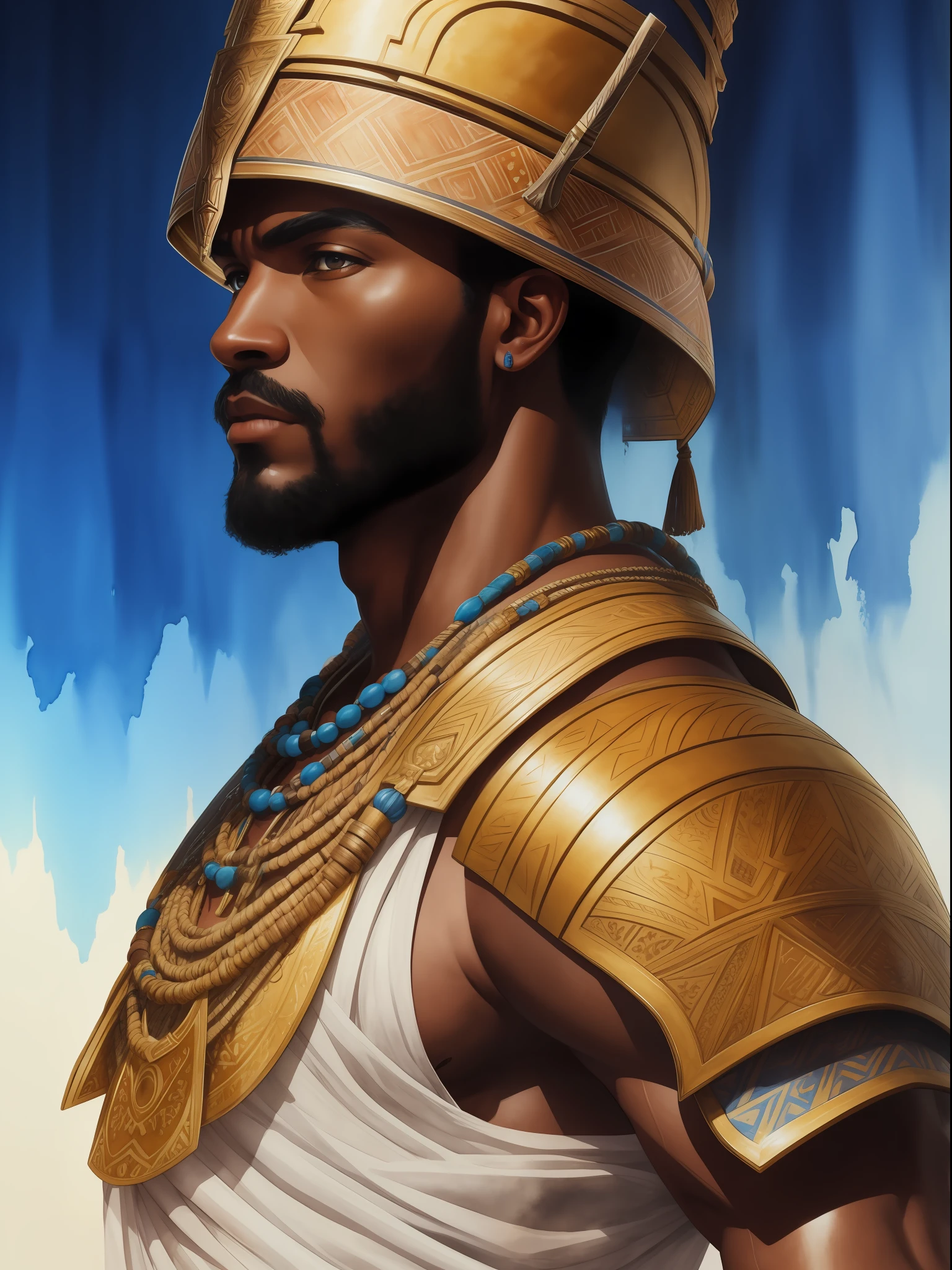 (Masterpiece) A very strong anf fitted nubian warrior man, watercolor hyperdetailed art in the style of Karoly Cszúzy, soft colors, intricate, elegant, highly detailed, digital painting, art station, concept art, soft, sharp focus, an african village as the background, illustration, art by Karoly Cszúzy, extremely detailed, detailed symmetric realistic face, extremely detailed natural texture, trend in artstation, watercolor painting, low angle shot, watercolor, wet on wet and splattering techniques, centered, perfect composition, dynamic action poses.