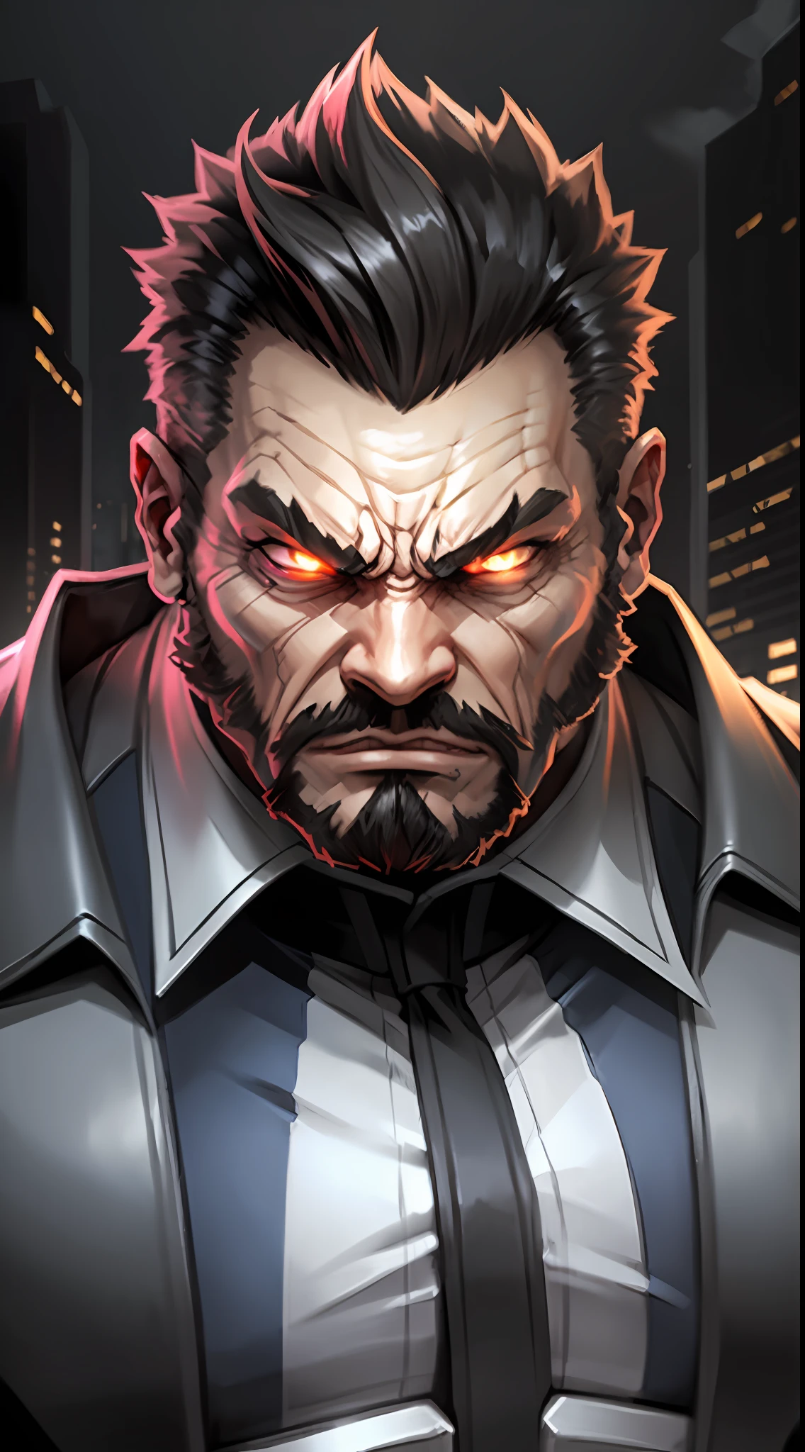 a super strong game boss extremely muscular, angry expression sinister very bad, wearing a stylish suit. --auto --s2