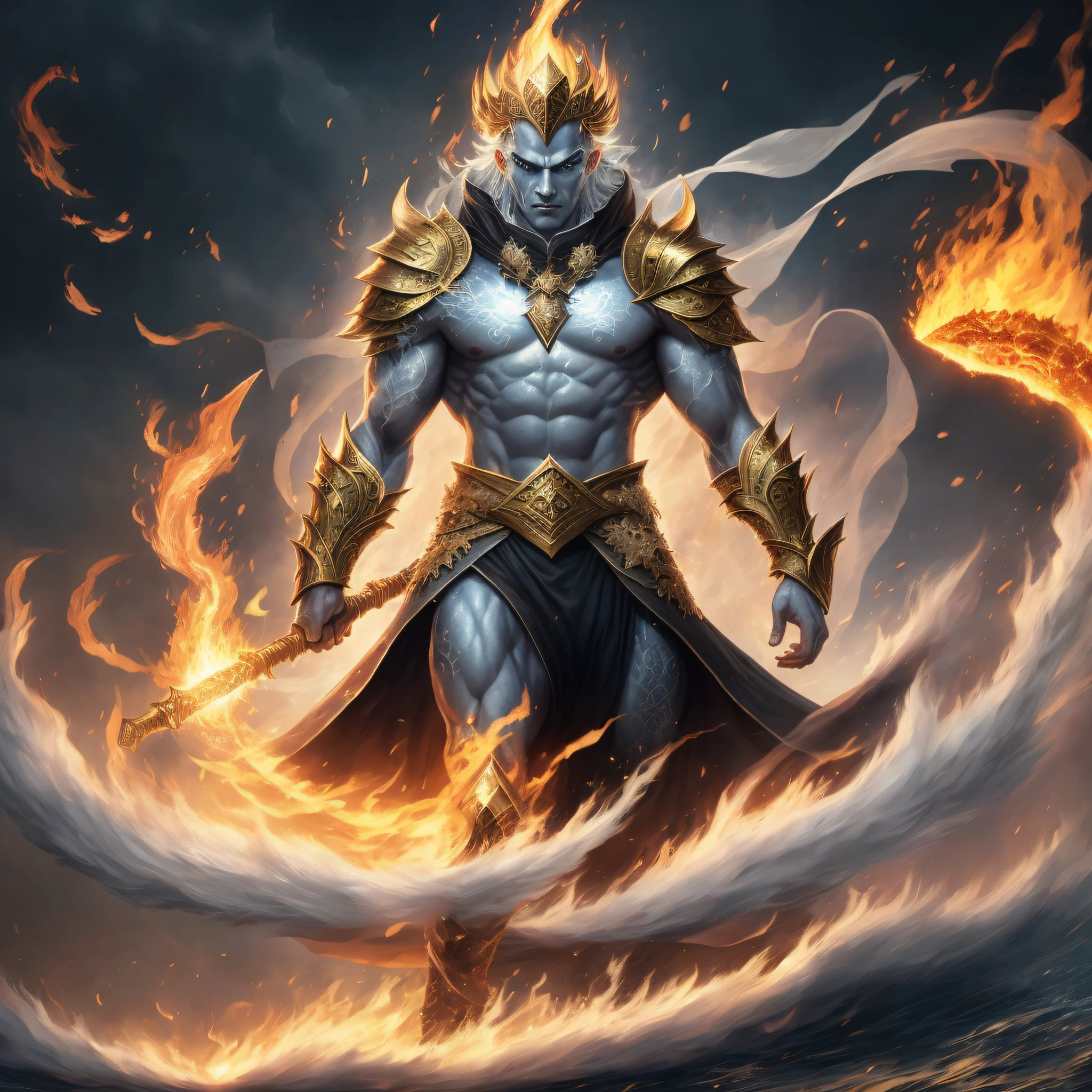 a close up of a man with a sword and fire in his hand, djinn man male demon, gilgamesh, furious god zeus, male djinn man demon hybrid, flame conjuring armored, fantasy card game art, storm egyptian god, epic fantasy card game art, legendary god holding spear, the god hades, fire giant, magic the gathering artstyle