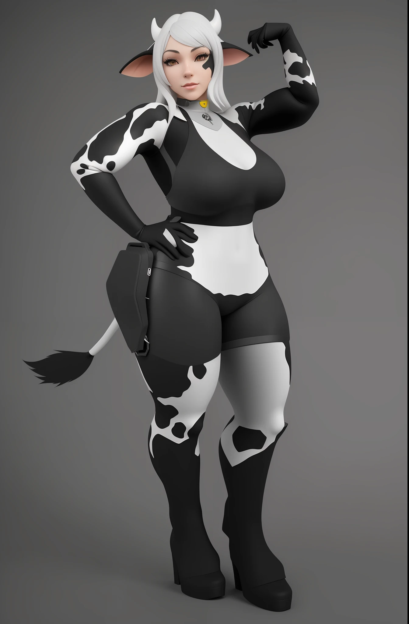 a woman in a cow costume poses for a photo, full body render, female fursona, detailed full body concept, full body shot hyperdetailed, high res render, spotted ultra realistic, full body portrait of a short!, cow-girl, octante render, full body detailed, detailed full body, full body concept, commission for high res --auto --s2