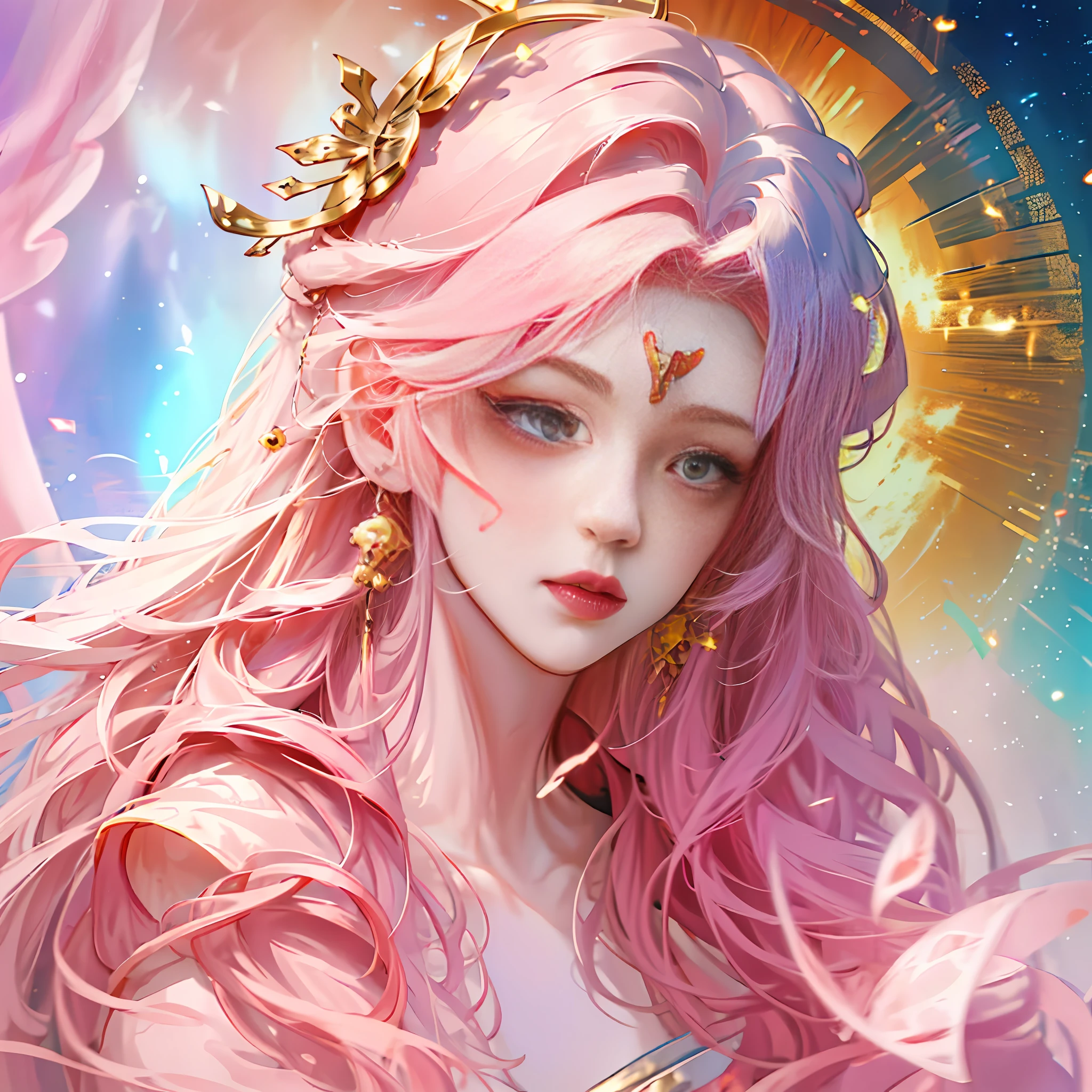 anime girl colored hair and rainbow, beautiful fantasy anime, anime girl with long hair, anime style 4 K, anime girl with cosmic hair, beautiful anime girl, beautiful anime style, beautiful anime portrait, anime art wallpaper 8k, anime art wallpaper 4k, anime fantasy illustration, beautiful anime art style, beautiful anime art art style, beautiful anime art artwork, next to the girl there is a huge divine beast, anthropomorphic, little cute cute little cute mouse, wearing elegant red hanfu, Gold ingots in hand, gold coins on the ground, sik, fluffy mane, big eyes, chibi, Chinese culture, ZBrush, theatrical lighting, full-body portraiture, realism, fine detail, realism, cinematic lighting, intricate details, octane rendering Unreal Engine,