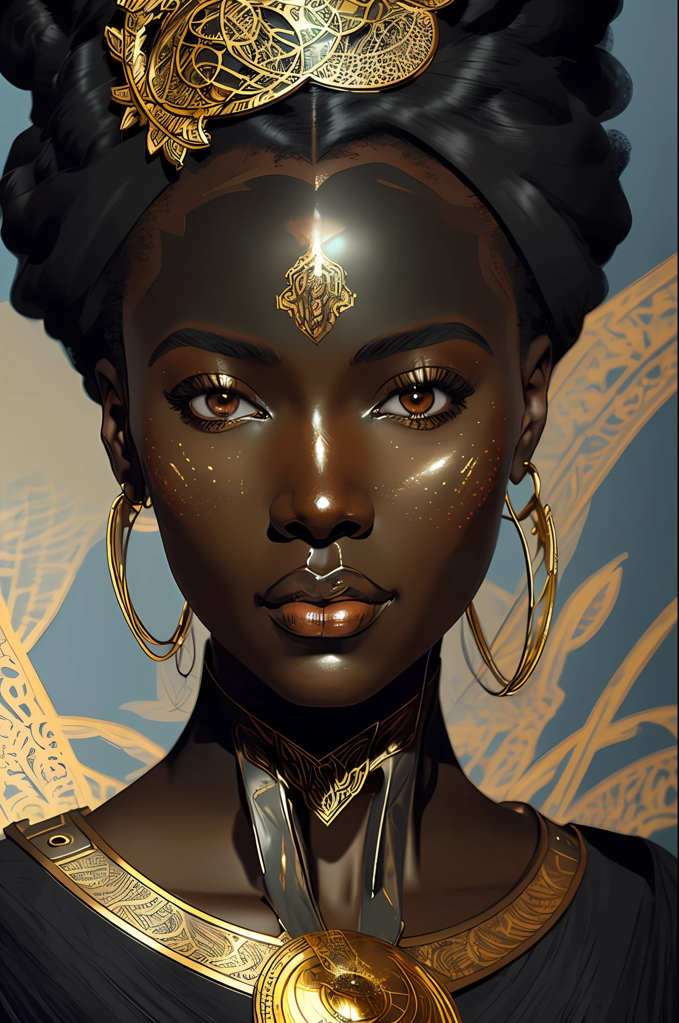 a digital illustration of black african woman in the style of Art Nouveau, steampunk, anime, pretty face, large scale, realistic proportions, highly detailed, smooth, sharp focus, 8k, ray tracing, digital painting, concept art illustration, by artgerm, trending on artstation, sony a1