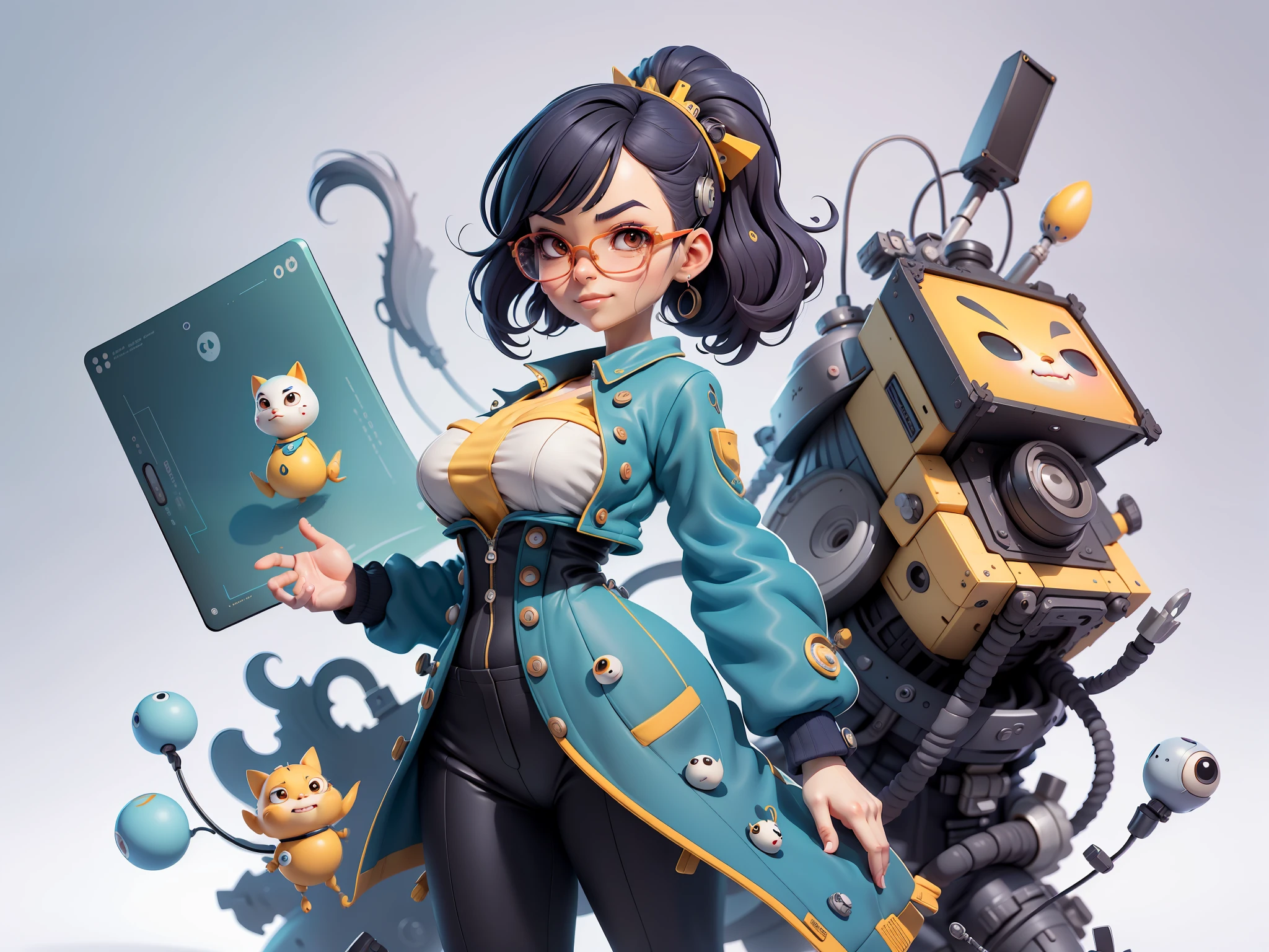 (Masterpiece), (Excellent), (Super Meticulous), (Full Body: 1.2), Super Young Woman, Beautiful, Sexy, Bursting, Oriental Face, TV Anchor, Bust Portrait Illustration, Alone, Black Suit, Blue Tie, Silver Glasses, Slightly Chubby Face, Very Clean Face, No Beard, Black Super Short Hair, Black Eyes, Confident Smile, 3c Computer Sub-Products, iPad, iPhone, Digital Painting, 3D Character Design by Mark Claireldon and Pixar and Hayao Miyazaki, The illustration is a high-definition illustration in 4K resolution with very detailed facial features and cartoon-style visuals.