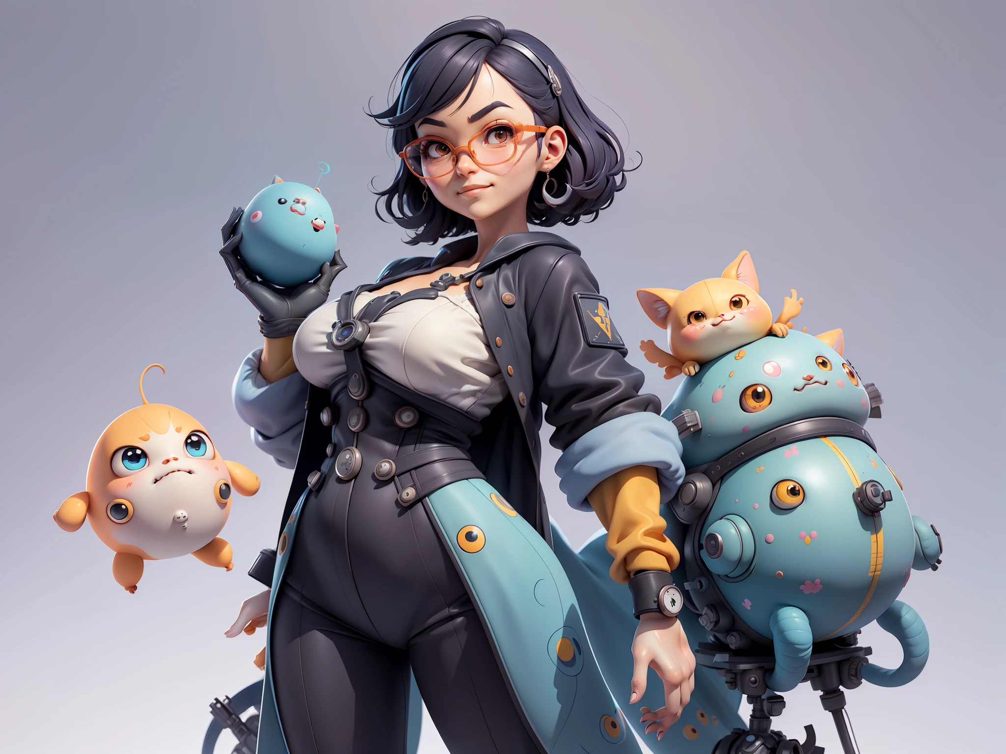 (Masterpiece), (Excellent), (Super Meticulous), (Full Body: 1.2), Super Young Woman, Beautiful, Sexy, Bursting, Oriental Face, TV Anchor, Bust Portrait Illustration, Alone, Black Suit, Blue Tie, Silver Glasses, Slightly Chubby Face, Very Clean Face, No Beard, Black Super Short Hair, Black Eyes, Confident Smile, 3c Computer Sub-Products, iPad, iPhone, Digital Painting, 3D Character Design by Mark Claireldon and Pixar and Hayao Miyazaki, The illustration is a high-definition illustration in 4K resolution with very detailed facial features and cartoon-style visuals.