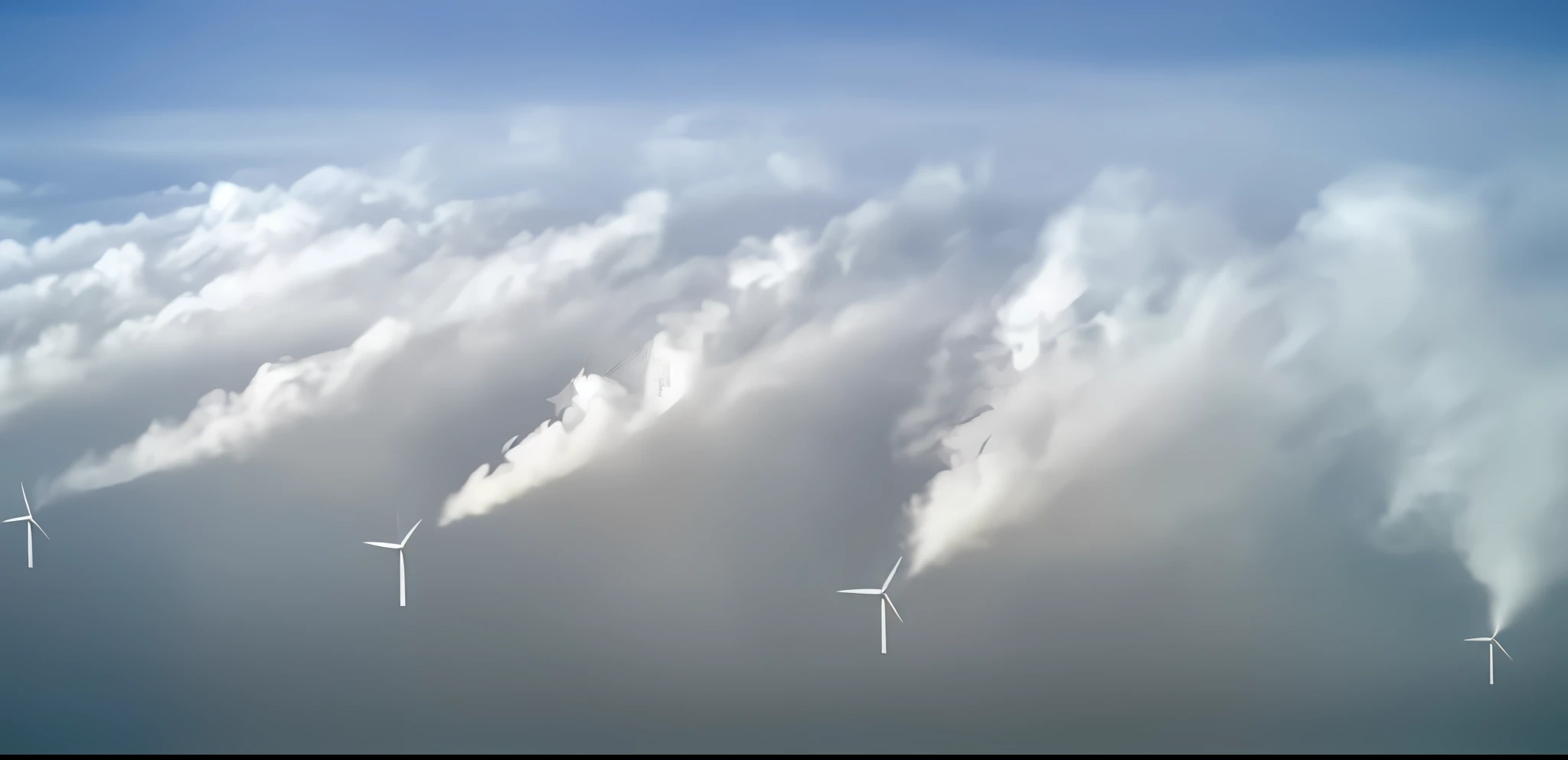 a view of a group of wind turbines in the sky, offshore winds, wind blowing, turbines, surreal!!!, extremely strong wind, wind turbines, gale-force winds, whirling gasses, twisting vapour, wisps of energy in the air, clouds swirling, cold stormy wind, strong wind, cant believe it is real