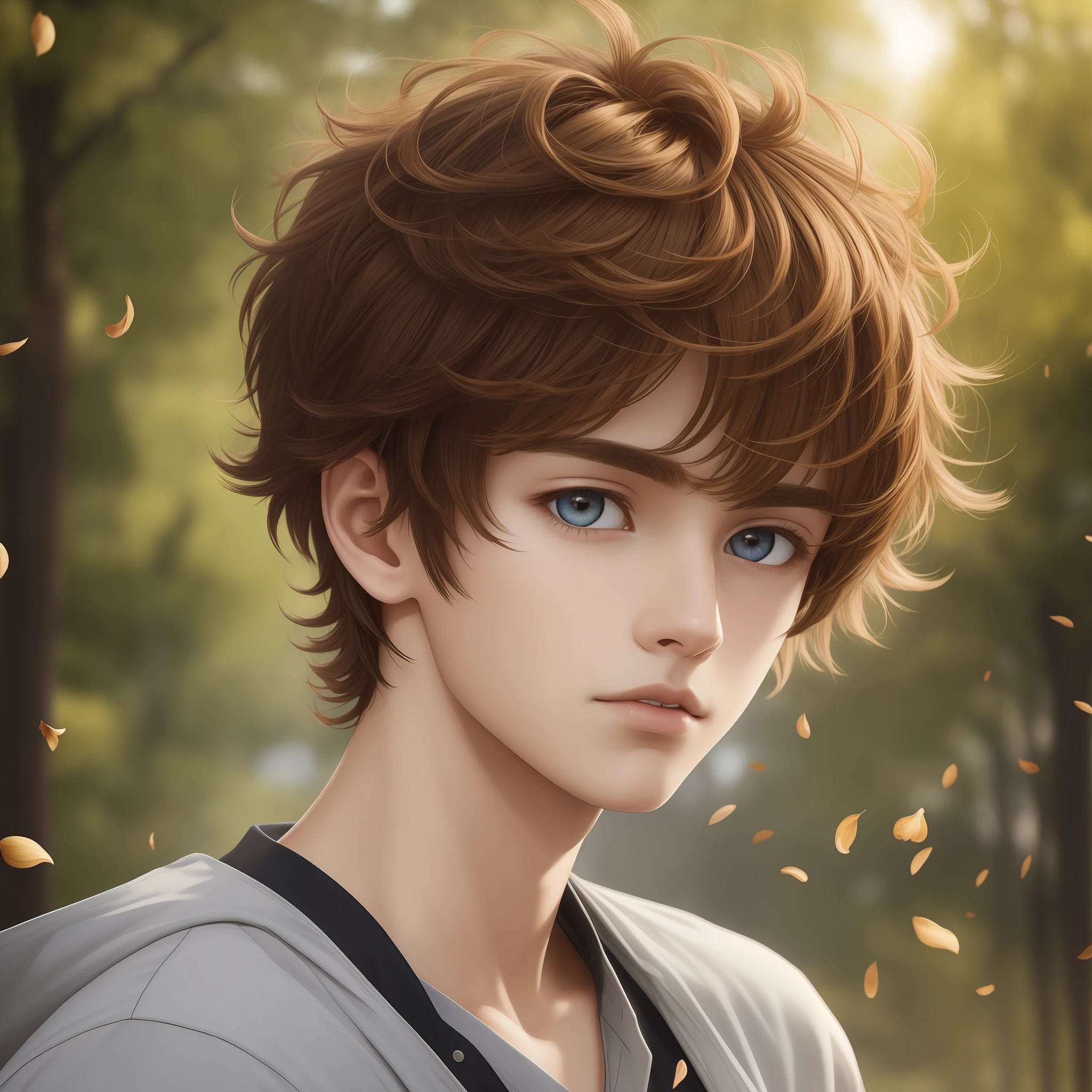 (Masterpiece) 8K resolution, brown short hair, 16-year-old beautiful boy, hair fluttering in the wind, hazelnut eyes, beautiful golden eyes, model style, anime style,