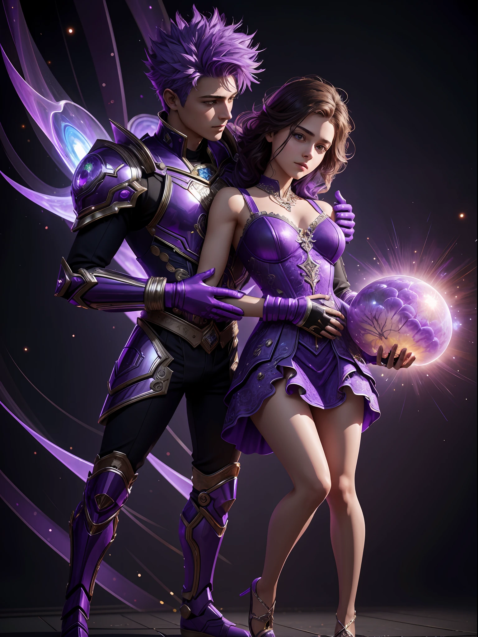Incredible and spectacular scenes, ((high quality)), ((detailed)), ((fantasy)), "purple plasma brain, purple plasma body, realistic, best quality, 4K, flowers trapped in blisters at the top realistic, (handsome ager and beautiful girl hugging), full body portrait", image quality (3D rendering effect) , exquisite details,