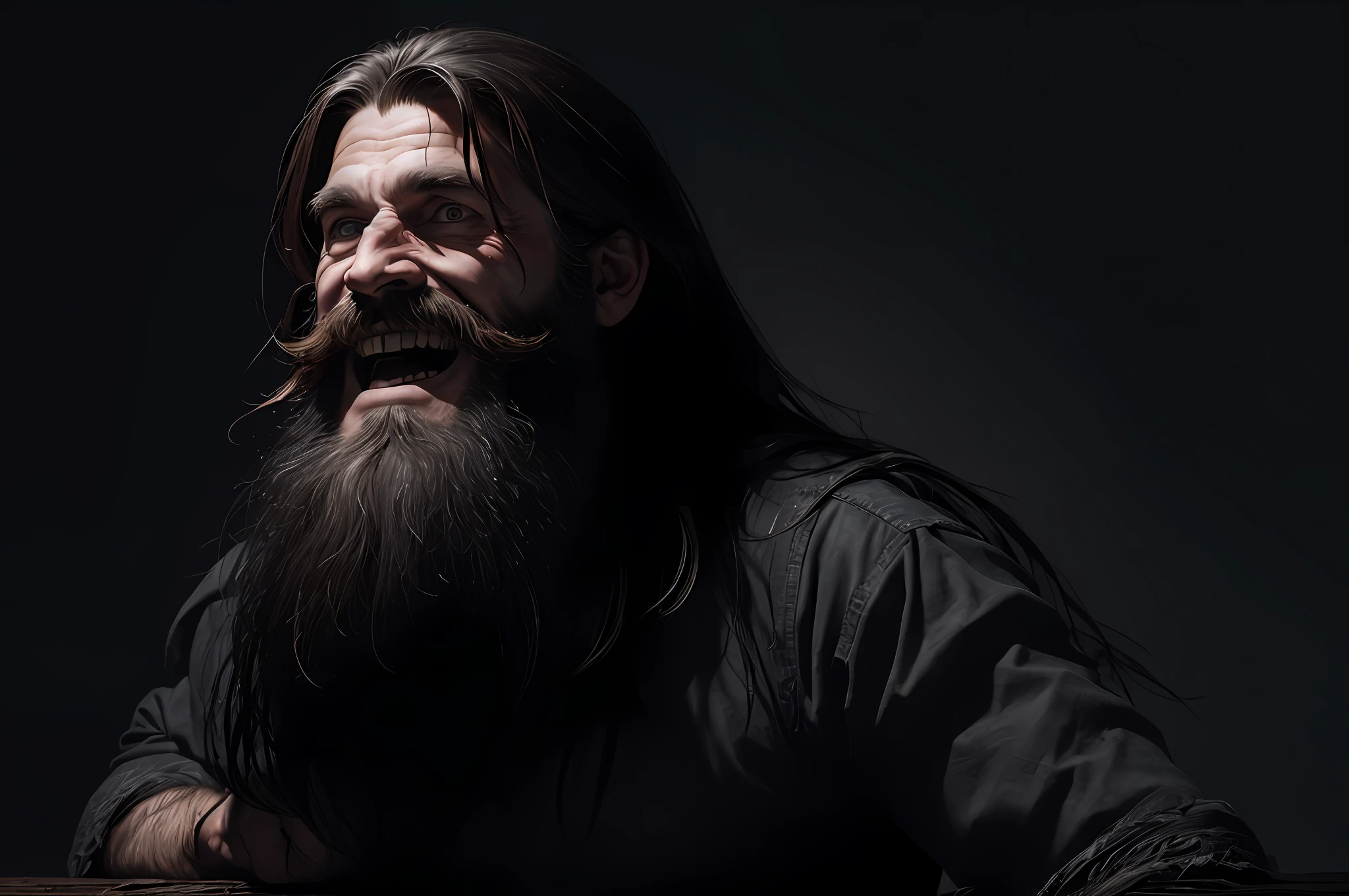 photorealistic, of the highest quality, RAW photo, film composition, (full body: 1.4) photograph of a bearded 45-year-old home, gray beards, long hair in a dark darkness(humanoid demon:1.2), (mocking smile:1.4), with (arm extended forward:1.3) and( epic fantasy, skinny, thin, wet, wounded hero, desolate look with long hair and long beard and sad appearance in a dynamic posture dying on the ground, fantastic location, majestic cluttered environment, macabre, disturbing, photorealistic skin texture|blemishes|wrinkles, detailed clothing, clothing texture|wrinkles, abundant details, intricate details, subsurface scattering, volumetric shadows, sharp focus, (dynamic pose), 8k, highly detailed, UHD, HDR, (extremely high facial expressiveness:1.3), (precise anatomy of the hands:1.2)