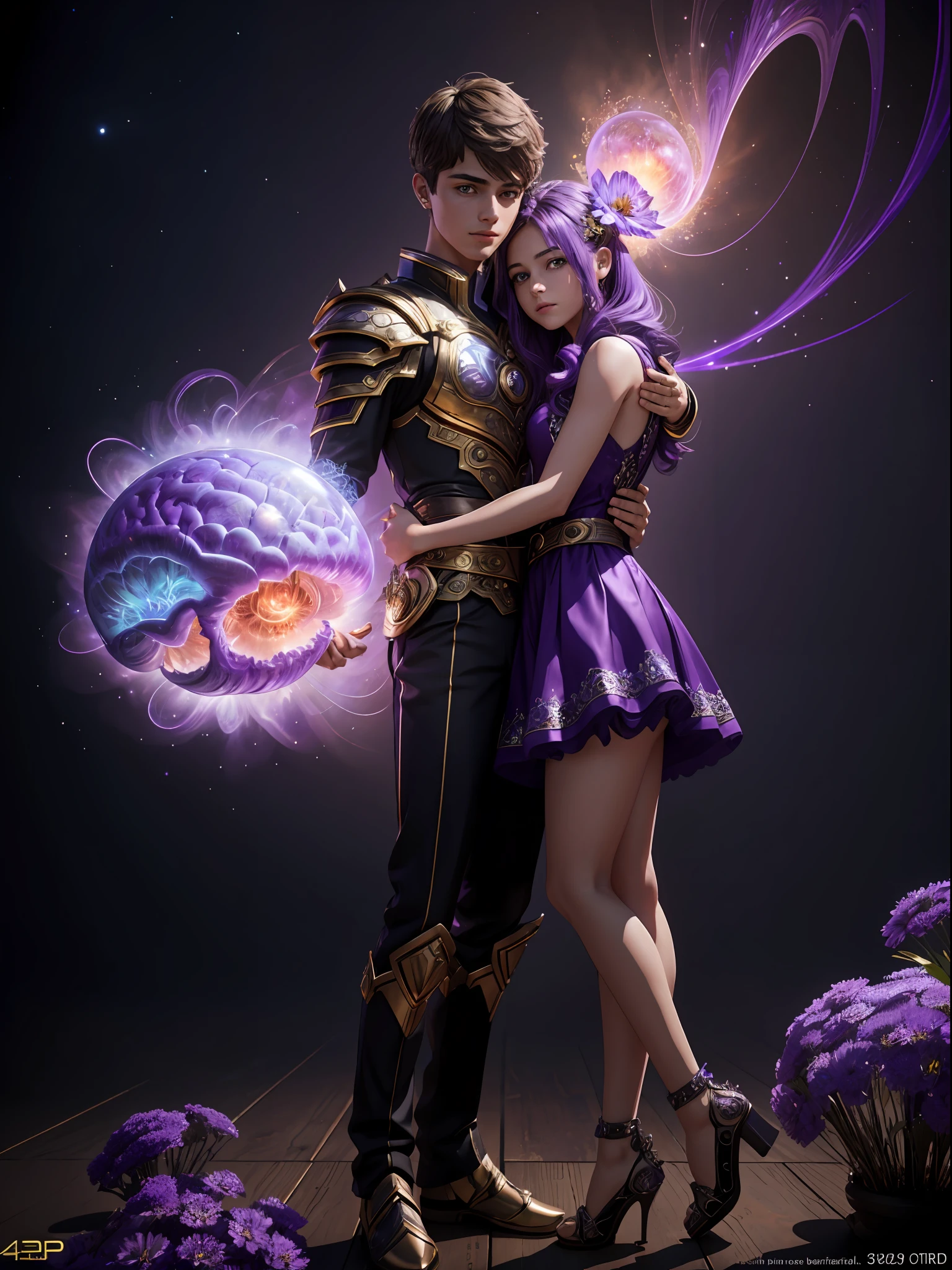 Incredible and spectacular scenes, ((high quality)), ((detailed)), ((fantasy)), "purple plasma brain, purple plasma body, realistic, best quality, 4K, flowers trapped in blisters at the top realistic, (handsome teenager and beautiful girl hugging), full body portrait", image quality (3D rendering effect) , exquisite details,