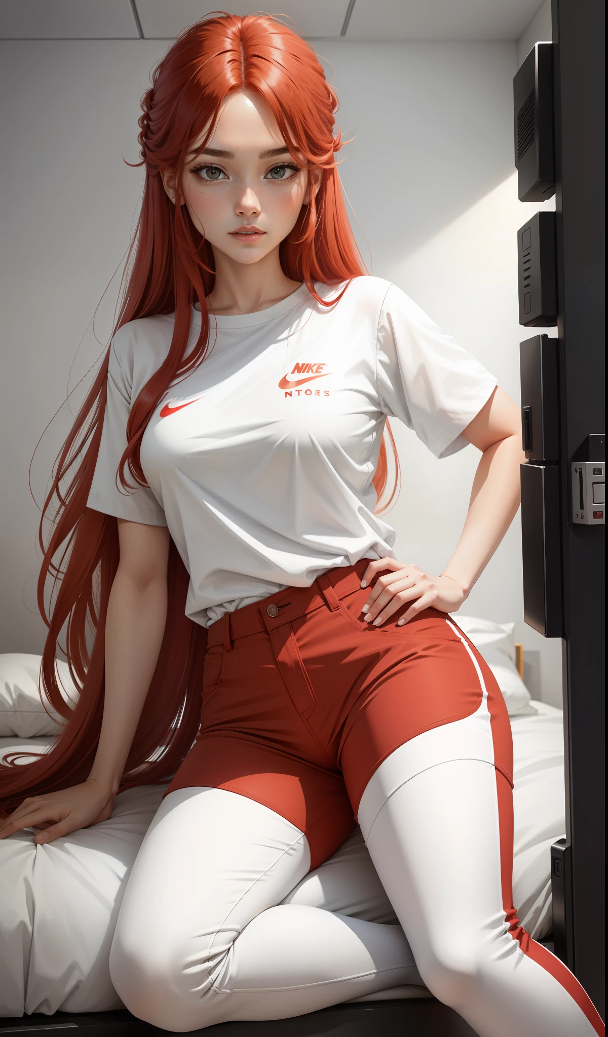 a woman in a white shirt and red pants is playing video game, simple style, wearing elegant casual clothes, muted red, simple clothes, milk and red style, casual clothing style, modern fashion outfit, wearing a fisher , casual modern clothing, inspo, red clothes, red pants, neutral tones, rred and white color scheme, casual business outfit, scary face, nike shoes, 22 years old, adult face, long hair, ((red hair))