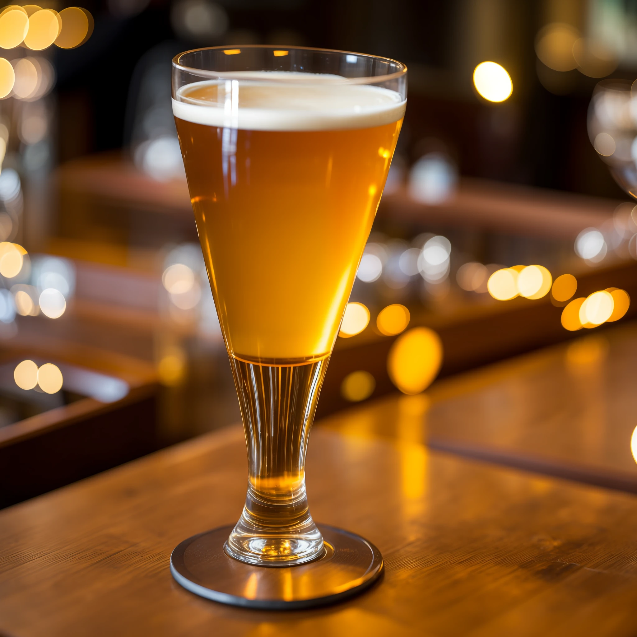 a glass of draft beer goes on a table in a tavern, with high quality, focus on the draft beer, highly detailed