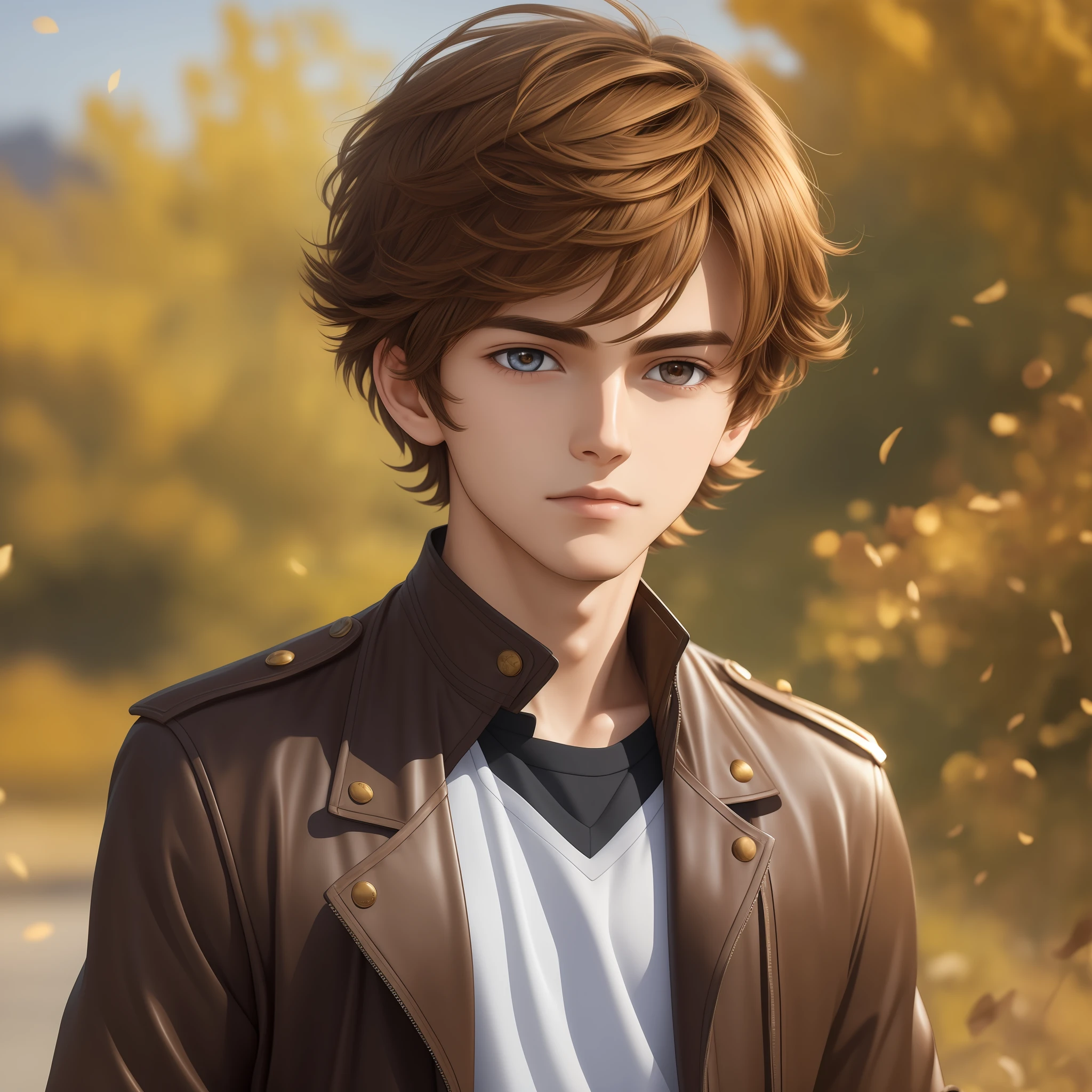 (Masterpiece) 8K resolution, brown short hair, -yeld beiful boy, hair fluttering in the wind, hazelnut eyes, beautiful golden eyes, model style, anime style,