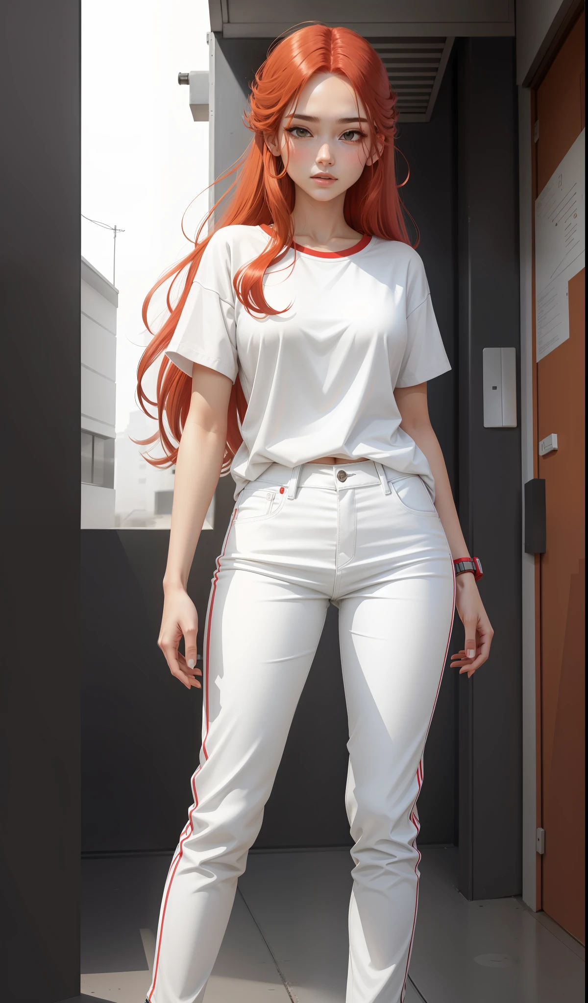 a woman in a white shirt and red pants is playing video game, simple style, wearing elegant casual clothes, muted red, simple clothes, milk and red style, casual clothing style, modern fashion outfit, wearing a fisher , casual modern clothing, inspo, red clothes, red pants, neutral tones, rred and white color scheme, casual business outfit, scary face, nike shoes, 22 years old, adult face, long hair, ((red hair))