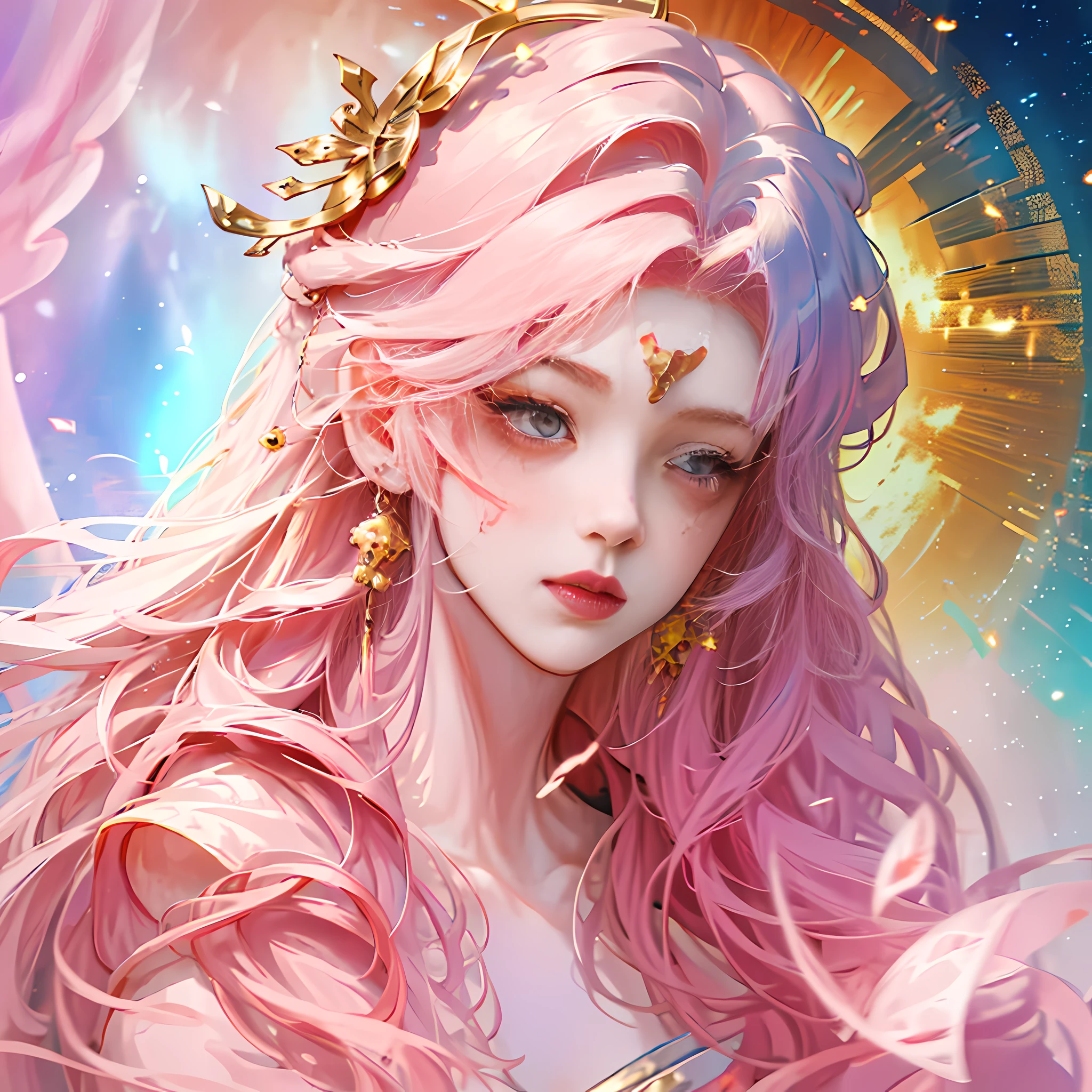 anime girl colored hair and rainbow, beautiful fantasy anime, anime girl with long hair, anime style 4 K, anime girl with cosmic hair, beautiful anime girl, beautiful anime style, beautiful anime portrait, anime art wallpaper 8k, anime art wallpaper 4k, anime fantasy illustration, beautiful anime art style, beautiful anime art art style, beautiful anime art artwork, next to the girl there is a huge divine beast, anthropomorphic, little cute cute little cute mouse, wearing elegant red hanfu, Gold ingots in hand, gold coins on the ground, sik, fluffy mane, big eyes, chibi, Chinese culture, ZBrush, theatrical lighting, full-body portraiture, realism, fine detail, realism, cinematic lighting, intricate details, octane rendering Unreal Engine,