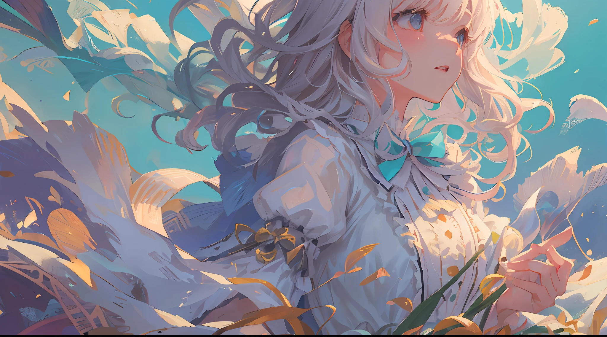 (1girl:1.2), slight blush, wavy hair, fluffy hair, capelet, lace trim, lace, frills, lolita, elegant, bodice, light smile, peaceful, colorful, (winter:1.1), (flowers:0.7), nature, princess, royal, extremely detailed, beautiful background, white, depth of field, cinematic lighting, Ghibli-like colours, high detail, scenery, horizon, wind, (bright:1), wind blow, lolita clothes, 8k, bokeh, award winning, (masterpiece:1.3), best quality, anatomically correct, perfect hands, dynamic pose, dynamic camera angle