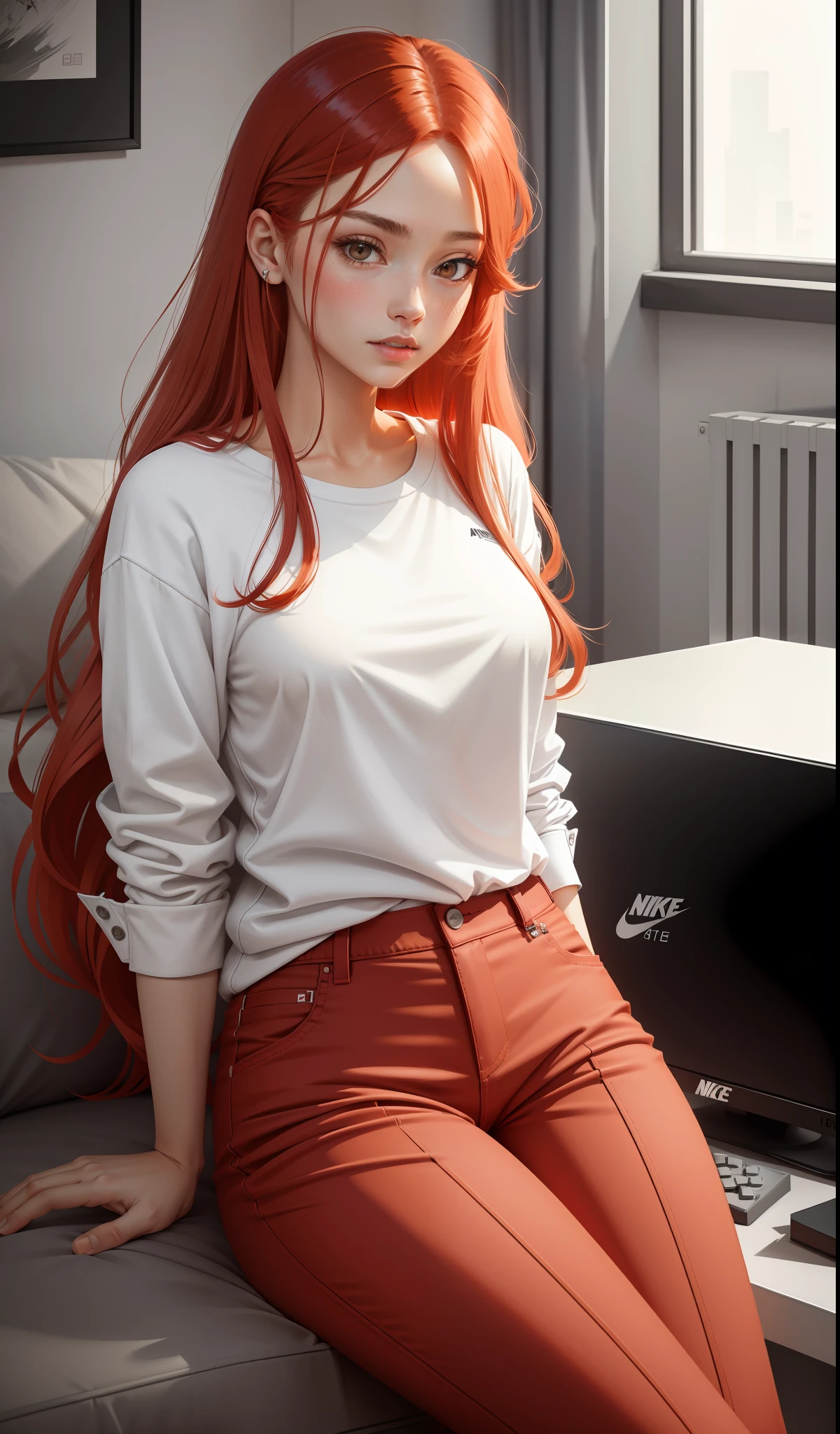 a woman in a white shirt and red pants is playing video game, simple style, wearing elegant casual clothes, muted red, simple clothes, milk and red style, casual clothing style, modern fashion outfit, wearing a fisher , casual modern clothing, inspo, red clothes, red pants, neutral tones, rred and white color scheme, casual business outfit, scary face, nike shoes, 22 years old, adult face, long hair, ((red hair))