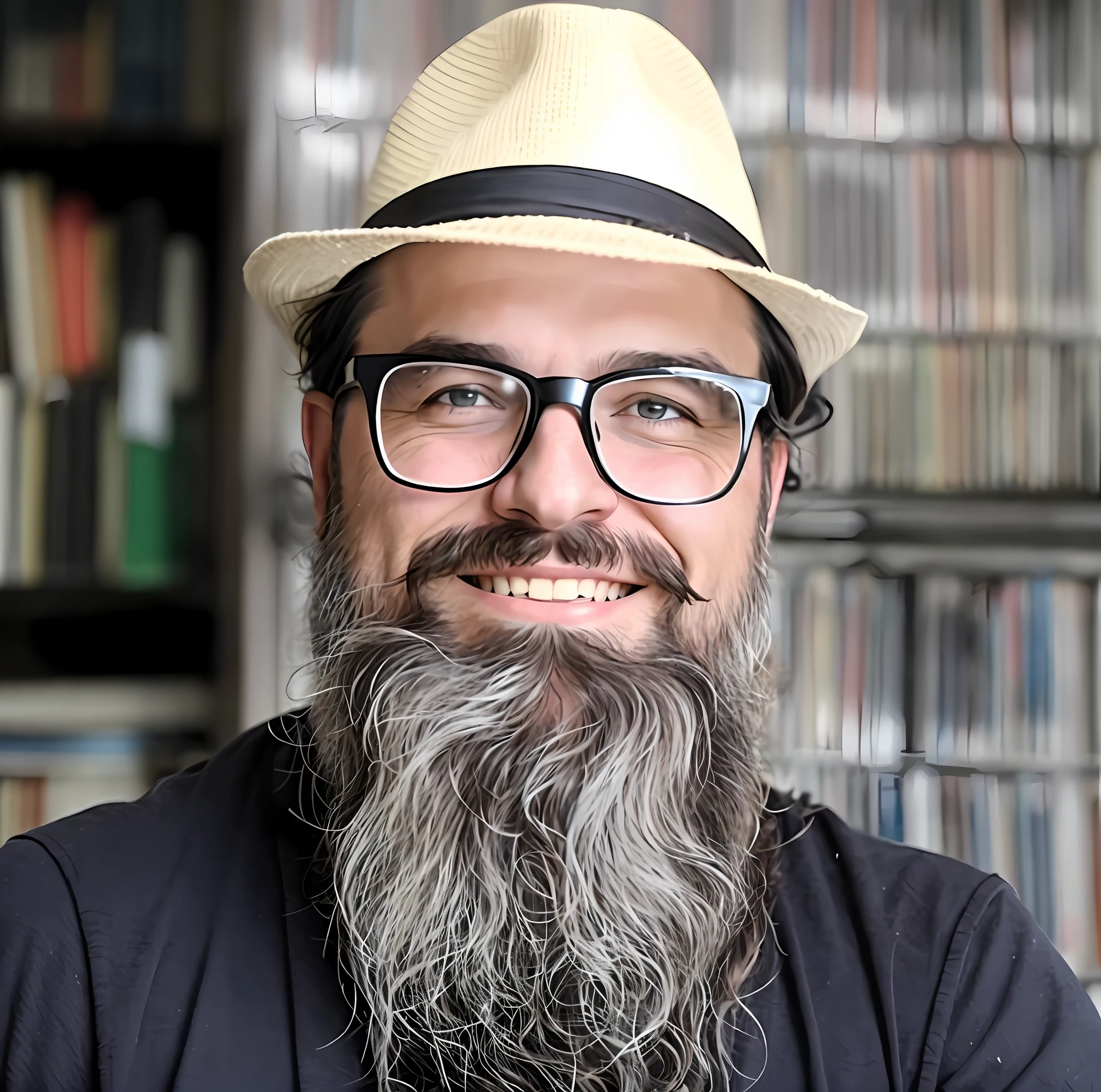 There is a man with a long beard and hat, intelligent, charismatic, strong,