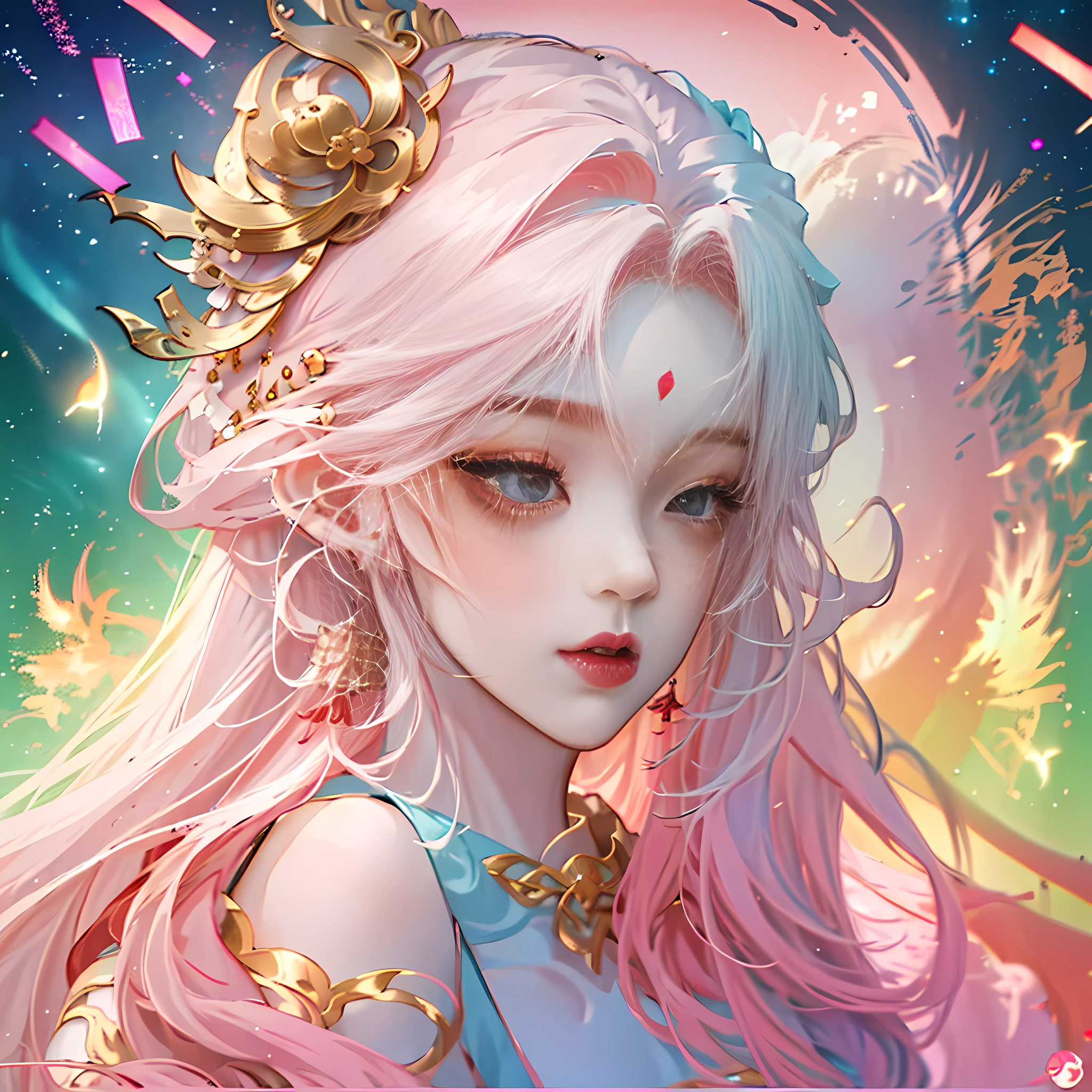 anime girl colored hair and rainbow, beautiful fantasy anime, anime girl with long hair, anime style 4 K, anime girl with cosmic hair, beautiful anime girl, beautiful anime style, beautiful anime portrait, anime art wallpaper 8k, anime art wallpaper 4k, anime fantasy illustration, beautiful anime art style, beautiful anime art art style, beautiful anime art artwork, next to the girl there is a huge divine beast, anthropomorphic, little cute cute little cute mouse, wearing elegant red hanfu, Gold ingots in hand, gold coins on the ground, sik, fluffy mane, big eyes, chibi, Chinese culture, ZBrush, theatrical lighting, full-body portraiture, realism, fine detail, realism, cinematic lighting, intricate details, octane rendering Unreal Engine,