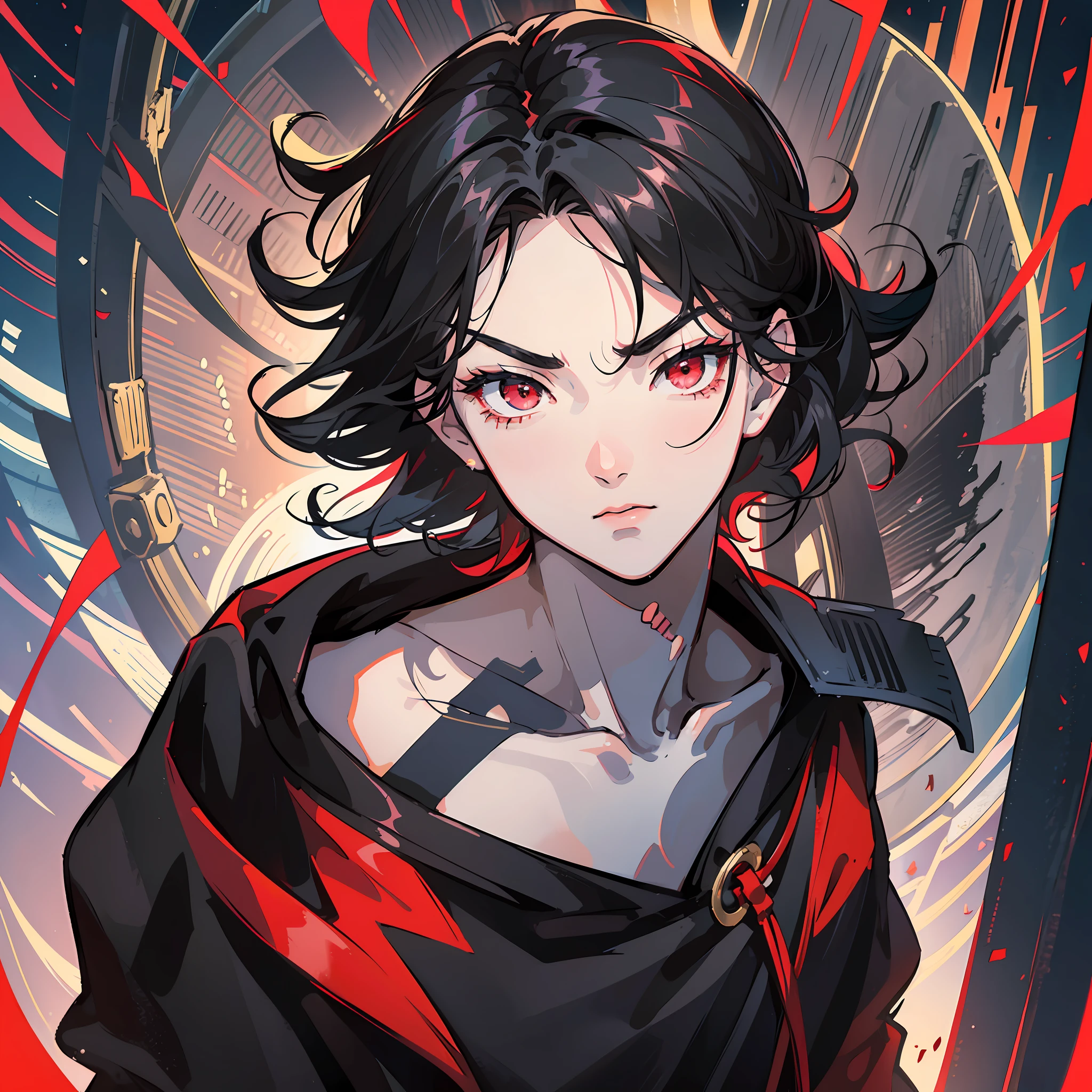 anime, male pessonage, black hair, red eyes, beautiful eyes, beautiful face, well-built body, short hair reaching up to the eyebrows, scattered hair, ambient lighting, black long sleeve t-shirt. maxim. --auto --s2