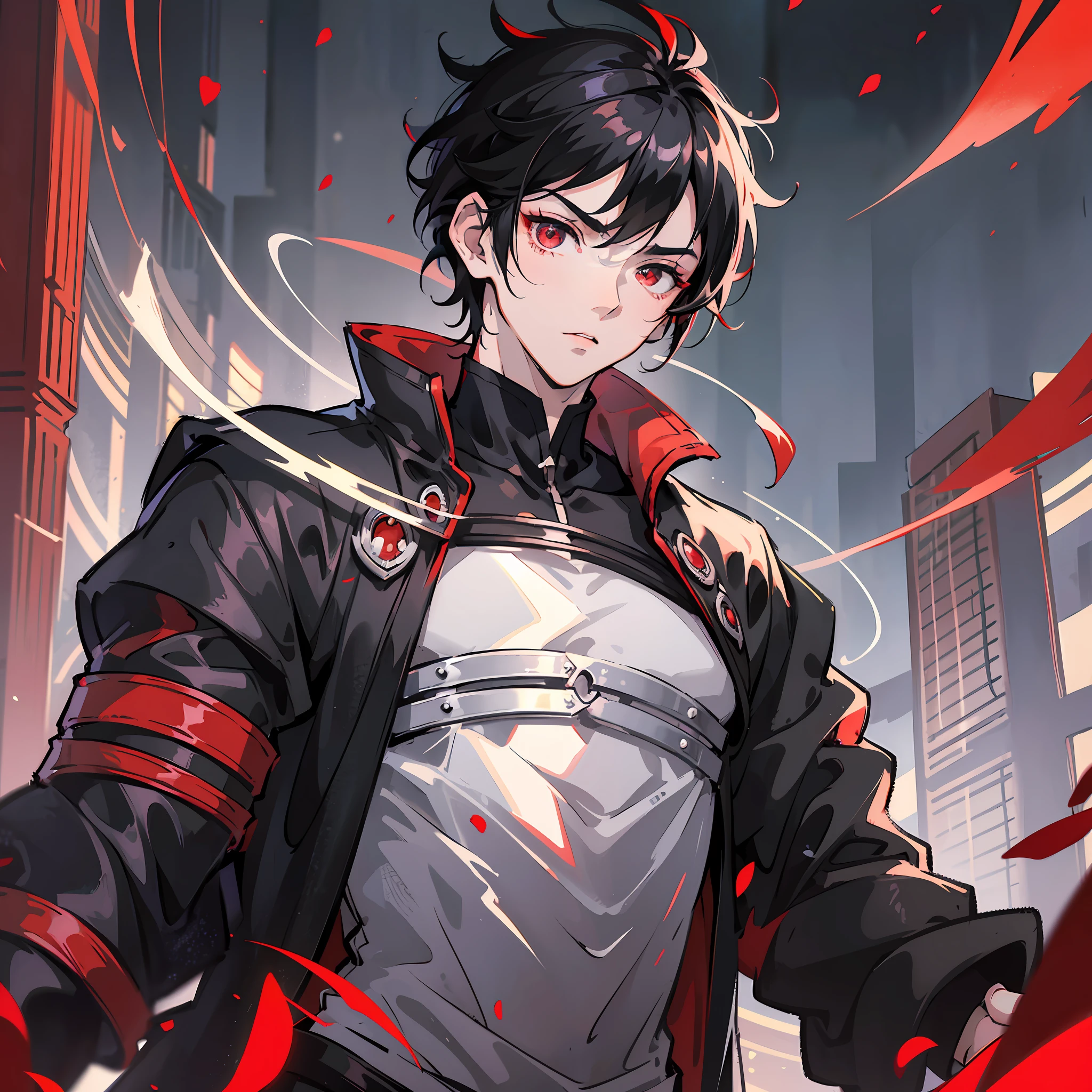 anime, male pessonage, black hair, red eyes, beautiful eyes, beautiful face, well-built body, short hair reaching up to the eyebrows, scattered hair, ambient lighting, black long sleeve t-shirt. maxim. --auto --s2