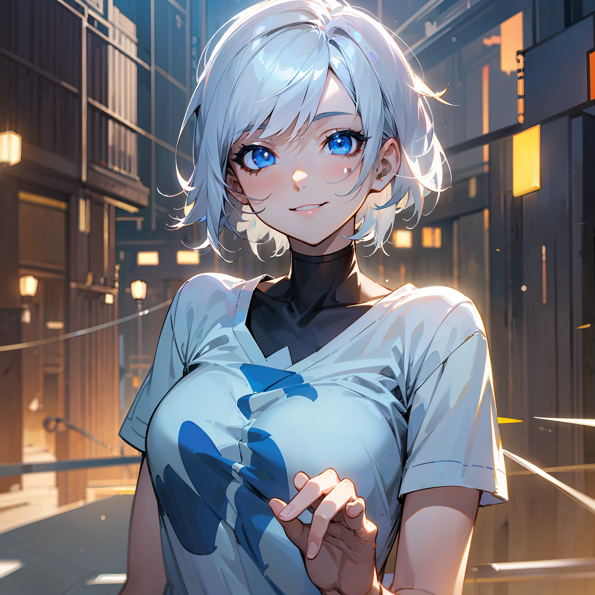 white skin, ultra beautiful face, breasts, t-shirt, beautiful lights and shadows, night, ambient light, pessonage, anime, girl with short hair, silver white, blue eyes, beautiful eyes, smiling, charismatic, giving cool with hands, Maximum quality. --auto --s2