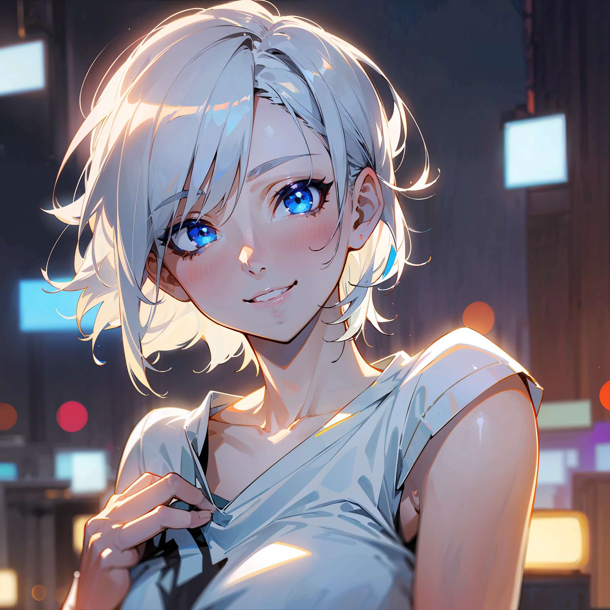 white skin, ultra beautiful face, breasts, t-shirt, beautiful lights and shadows, night, ambient light, pessonage, anime, girl with short hair, silver white, blue eyes, beautiful eyes, smiling, charismatic, giving cool with hands, Maximum quality. --auto --s2