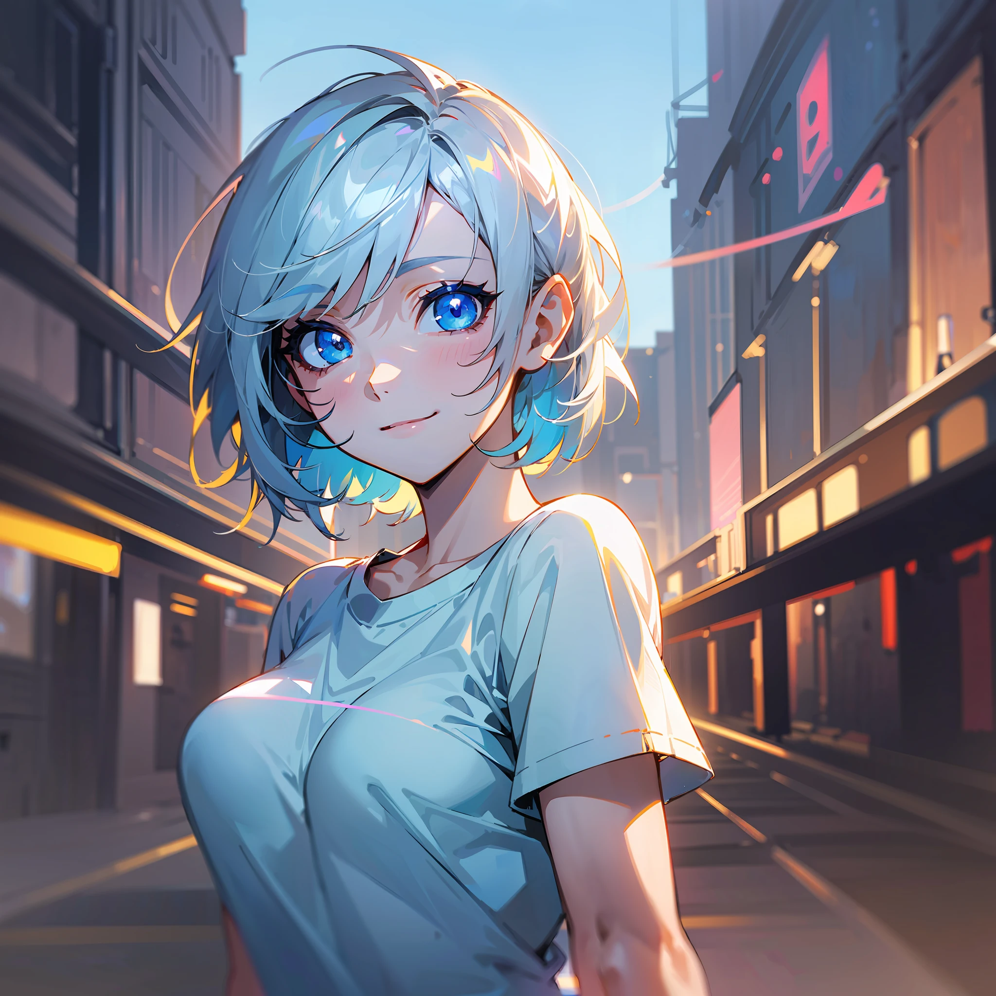white skin, ultra beautiful face, breasts, t-shirt, beautiful lights and shadows, night, ambient light, pessonage, anime, girl with short hair, silver white, blue eyes, beautiful eyes, smiling, charismatic, giving cool with hands, Maximum quality. --auto --s2