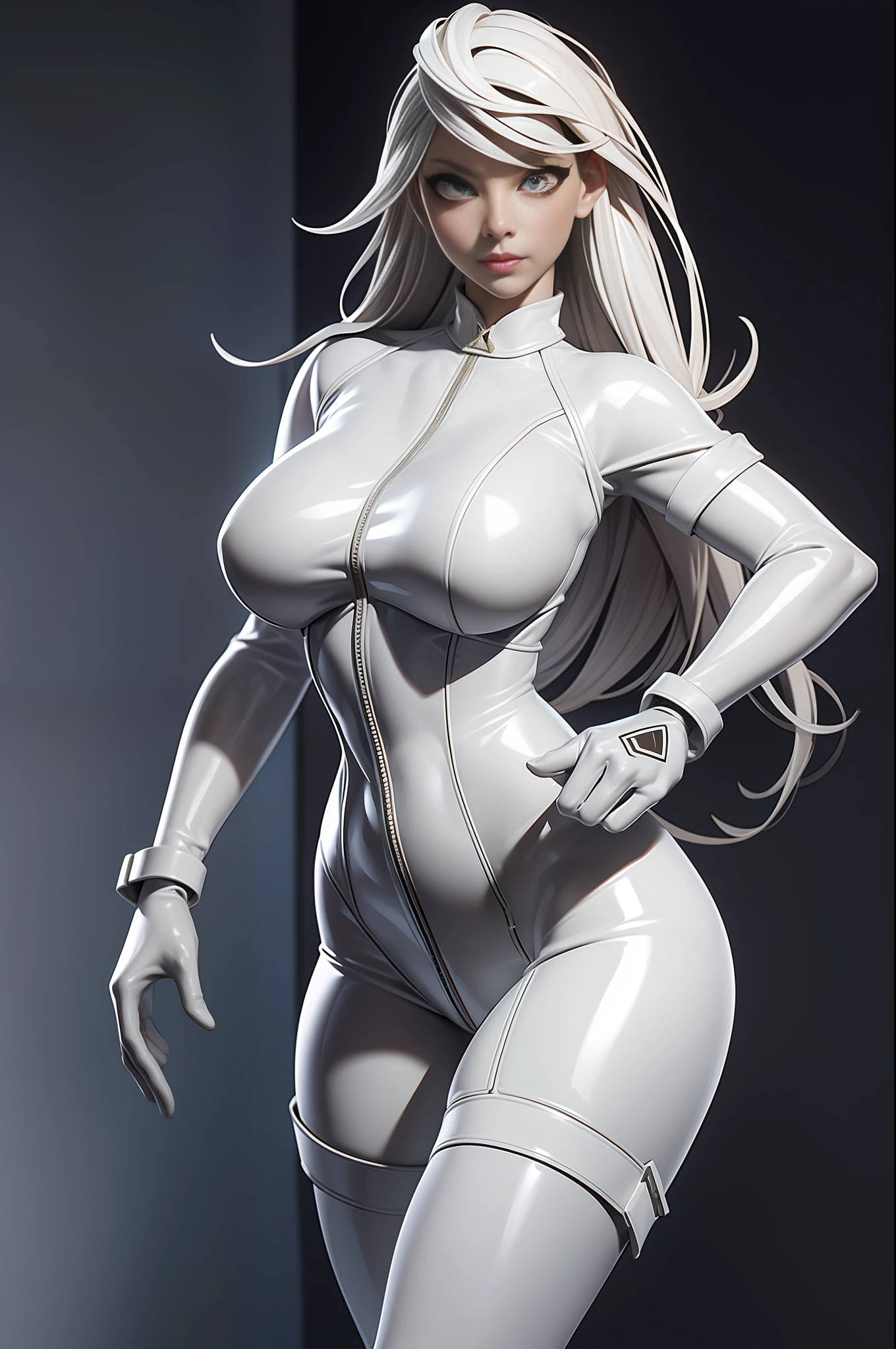 full body picture Unreal Engine 5 8K UHD of beautiful women, wearing white tight latex catsuit covered whole body, latex mask, latex collar, latex body harness and lace, arm and leg cuffs, latex corset, latex long glove, best quality, masterpiece