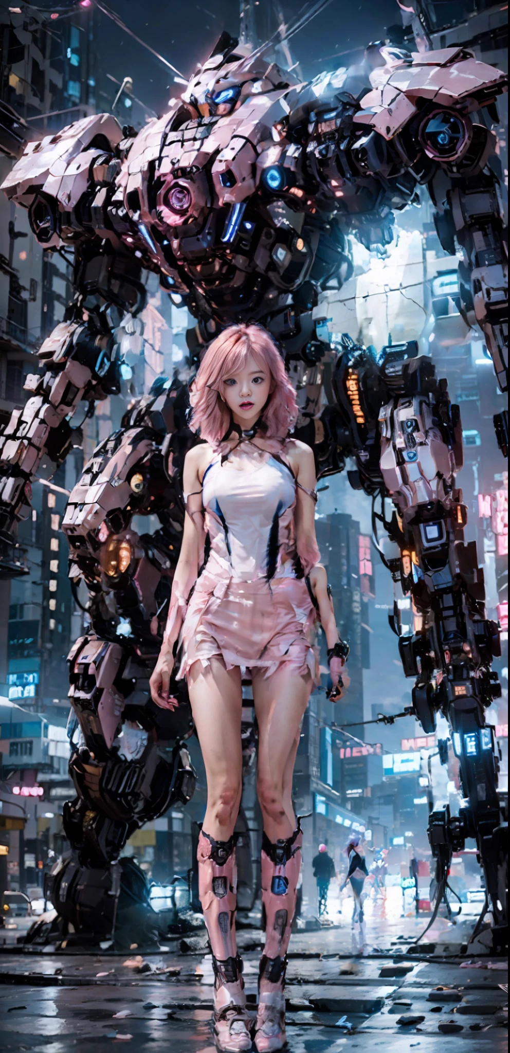 ((Masterpiece, Excellent)), (1girl), light pink hair, slim, standing in front of a huge mech, pink mech, (nightclub: 1.2), (skirt: 1.2), (blue eyes: 1.4), perfect face, full body, boots, blurry, neon, glowing,