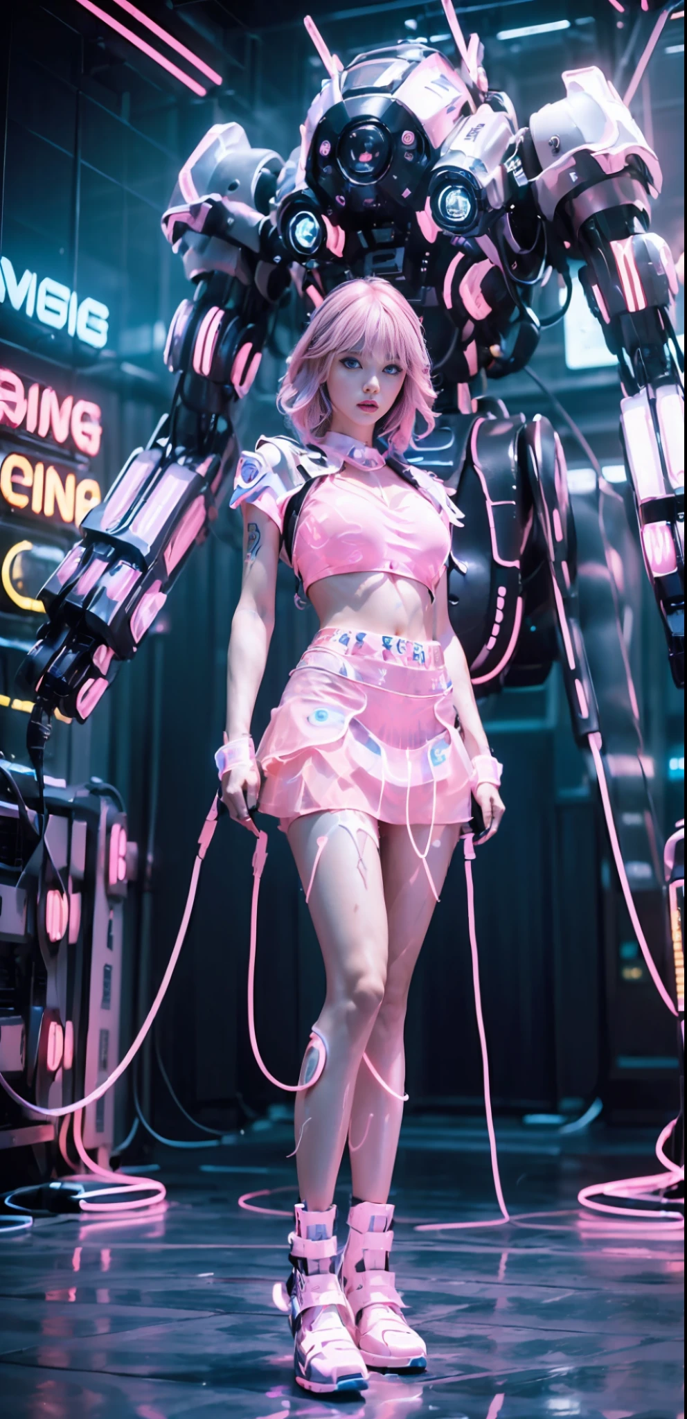 (((Masterpiece, Excellent)), (1girl), light pink hair, slim, with a huge mech in the background. (Nightclub: 1.2), (Skirt: 1.2), (Blue Eyes: 1.4), Perfect Face, Full Body, Boots, Blurry, Neon, Glow,